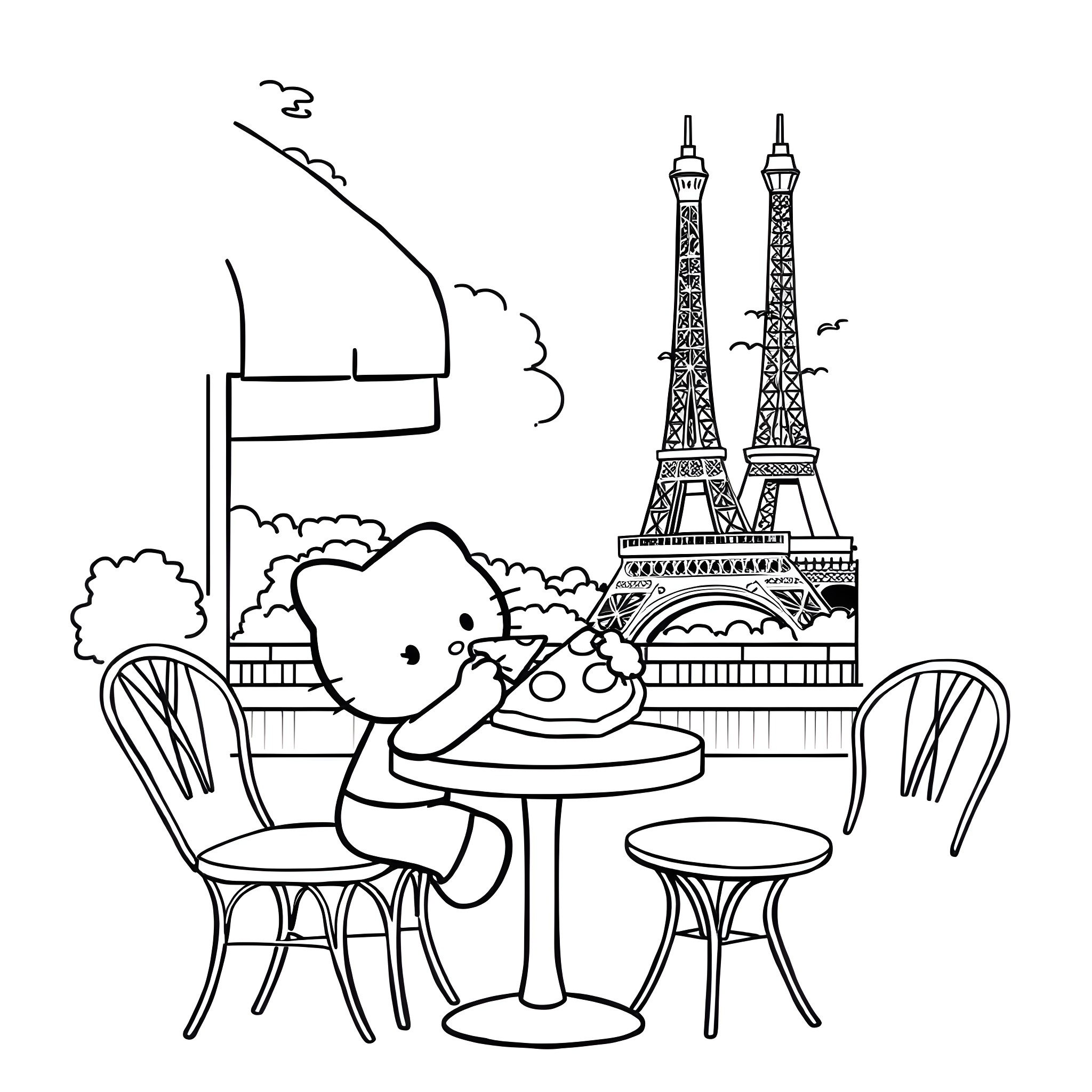 Hello Kitty enjoying coffee at Eiffel Tower cafe Coloring Page (free black-and-white line drawing printable PDF for all, from beginners to advanced learners, including children, teens, adults, and seniors)
