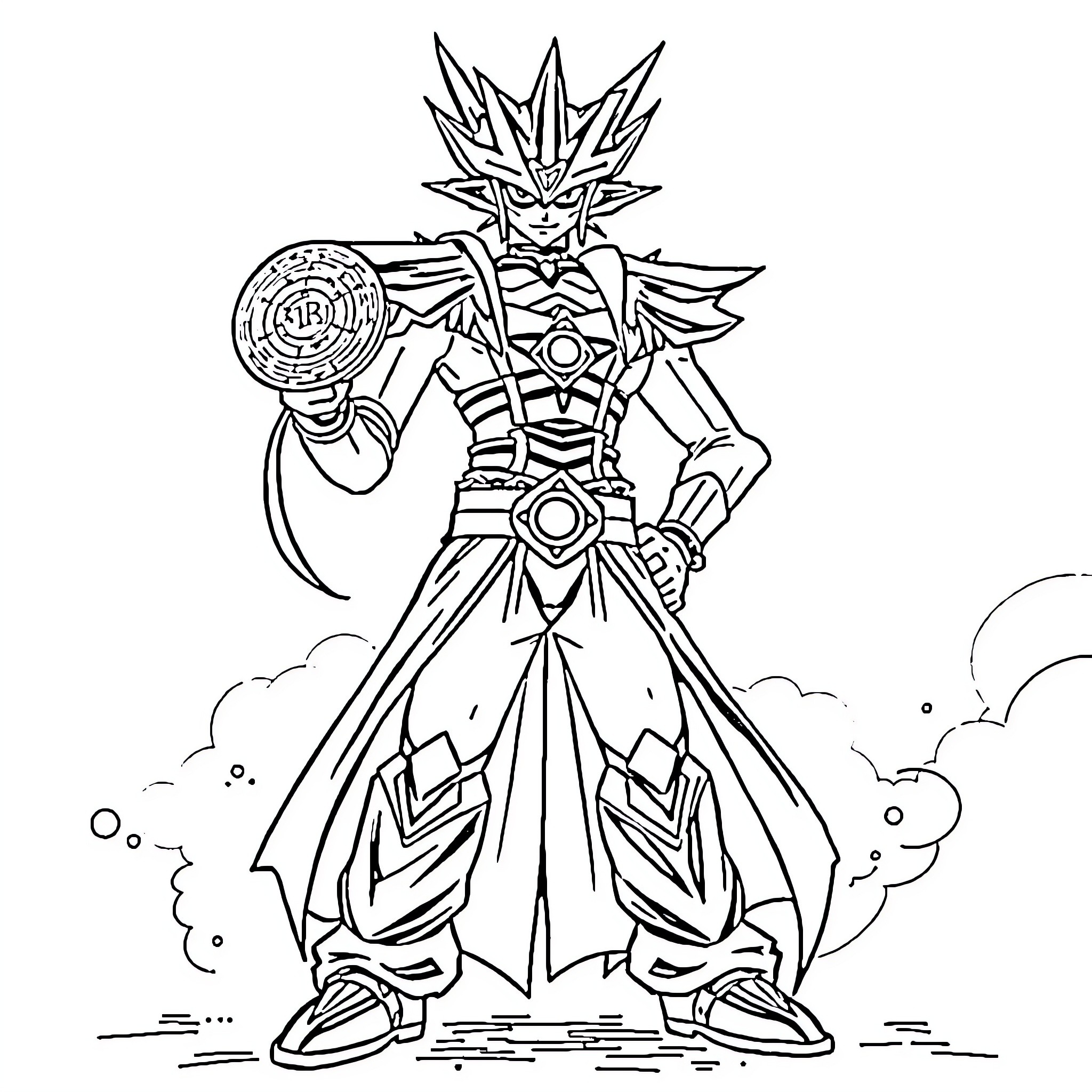 Backura Warrior Wielding Powerful Weapon in Heroic Pose Coloring Page (free black-and-white line drawing printable PDF for all, from beginners to advanced learners, including children, teens, adults, and seniors)