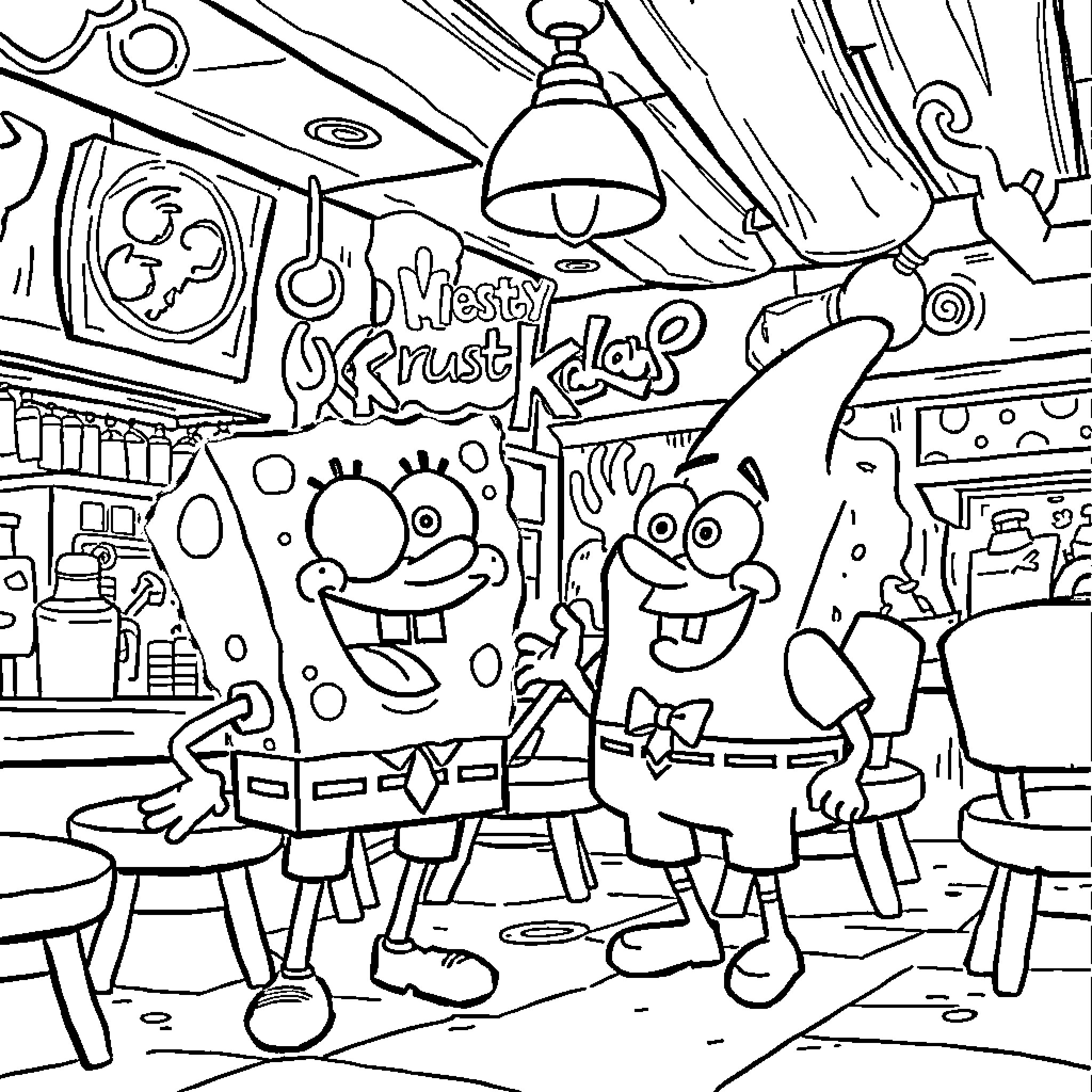 Spongebob and Patrick Hang Out at Krusty Krab Coloring Page (free black-and-white line drawing printable PDF for all, from beginners to advanced learners, including children, teens, adults, and seniors)