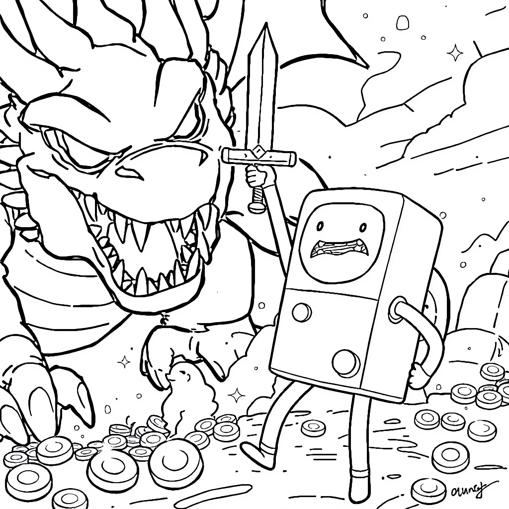 BMO Battles a Fierce Dragon with Sword Coloring Page (free black-and-white line drawing printable PDF for all, from beginners to advanced learners, including children, teens, adults, and seniors)