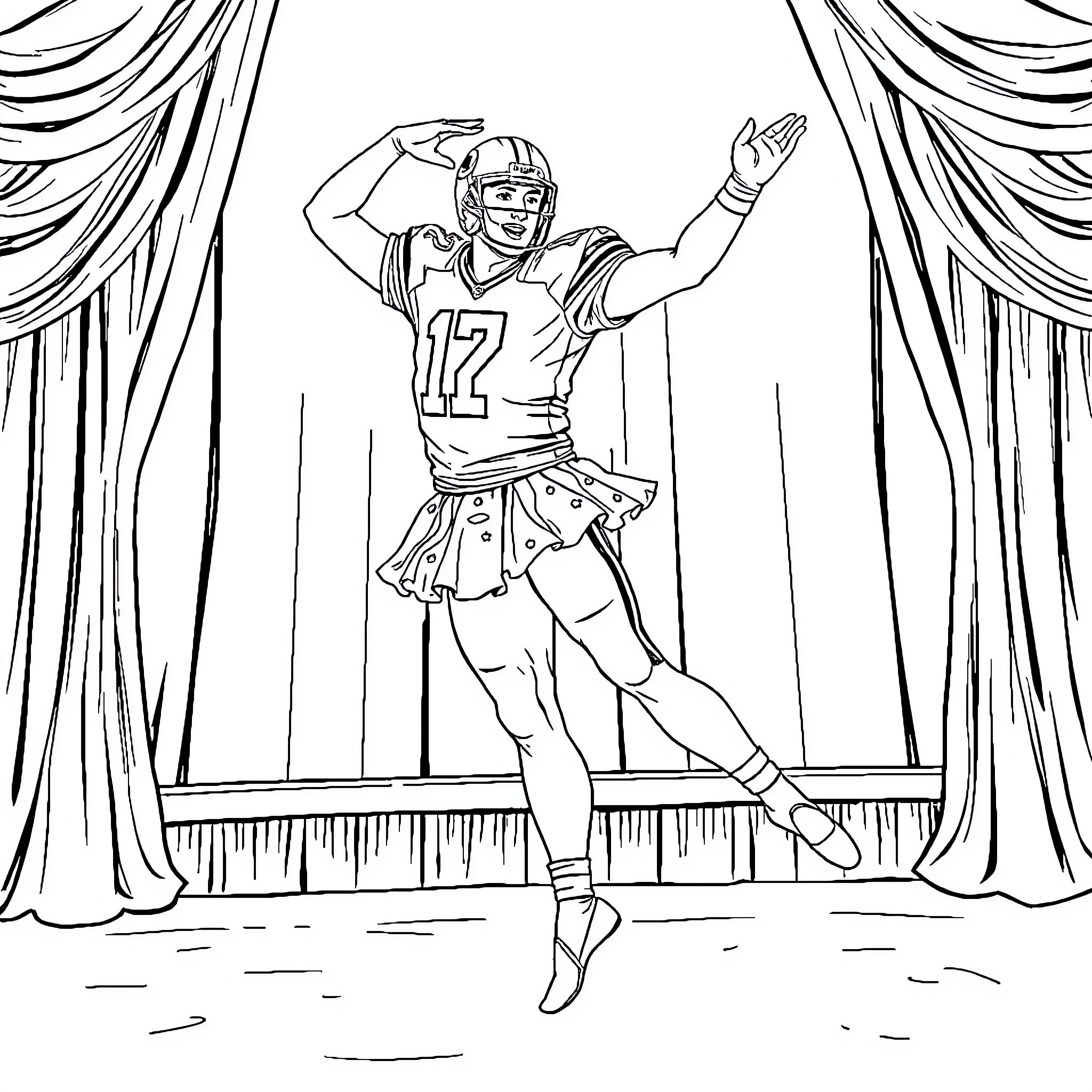 Eli Manning Celebrating Football Victory on Stage Coloring Page (free black-and-white line drawing printable PDF for all, from beginners to advanced learners, including children, teens, adults, and seniors)