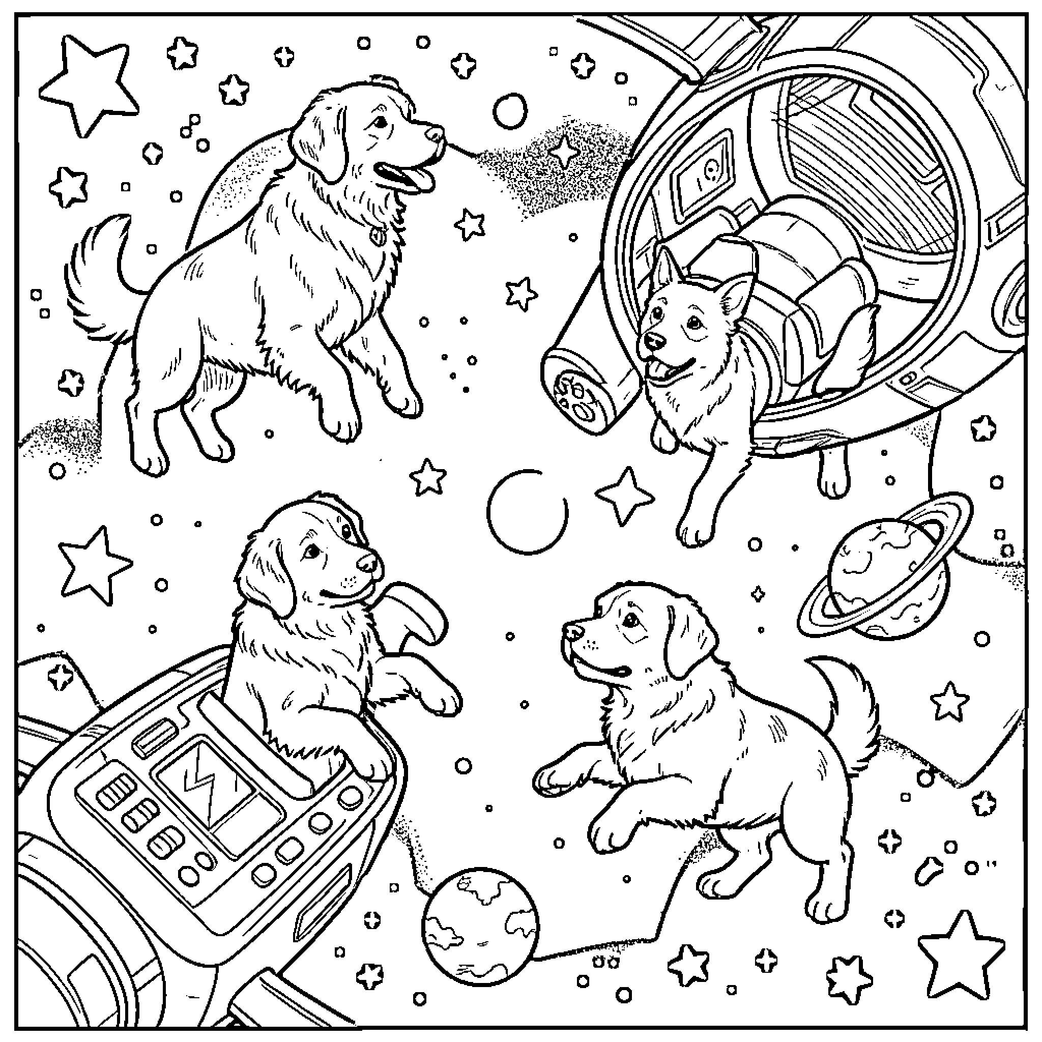 Dog puppies floating in outer space near spacecraft Coloring Page (free black-and-white line drawing printable PDF for all, from beginners to advanced learners, including children, teens, adults, and seniors)