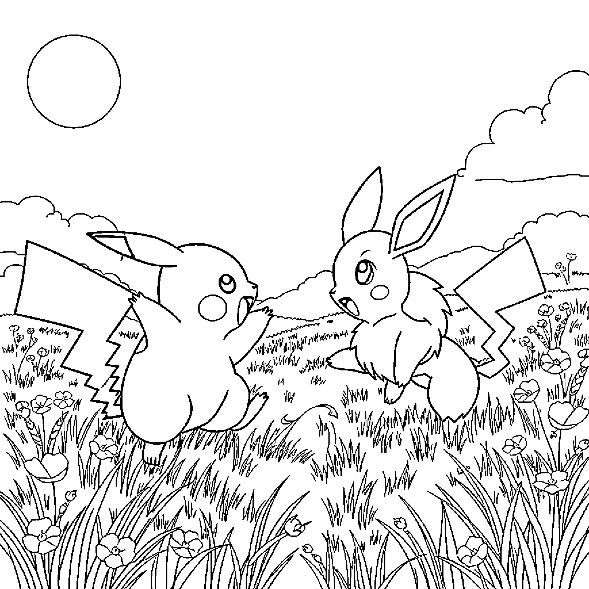 Pikachu and Eevee playing in a grassy field Coloring Page (free black-and-white line drawing printable PDF for all, from beginners to advanced learners, including children, teens, adults, and seniors)