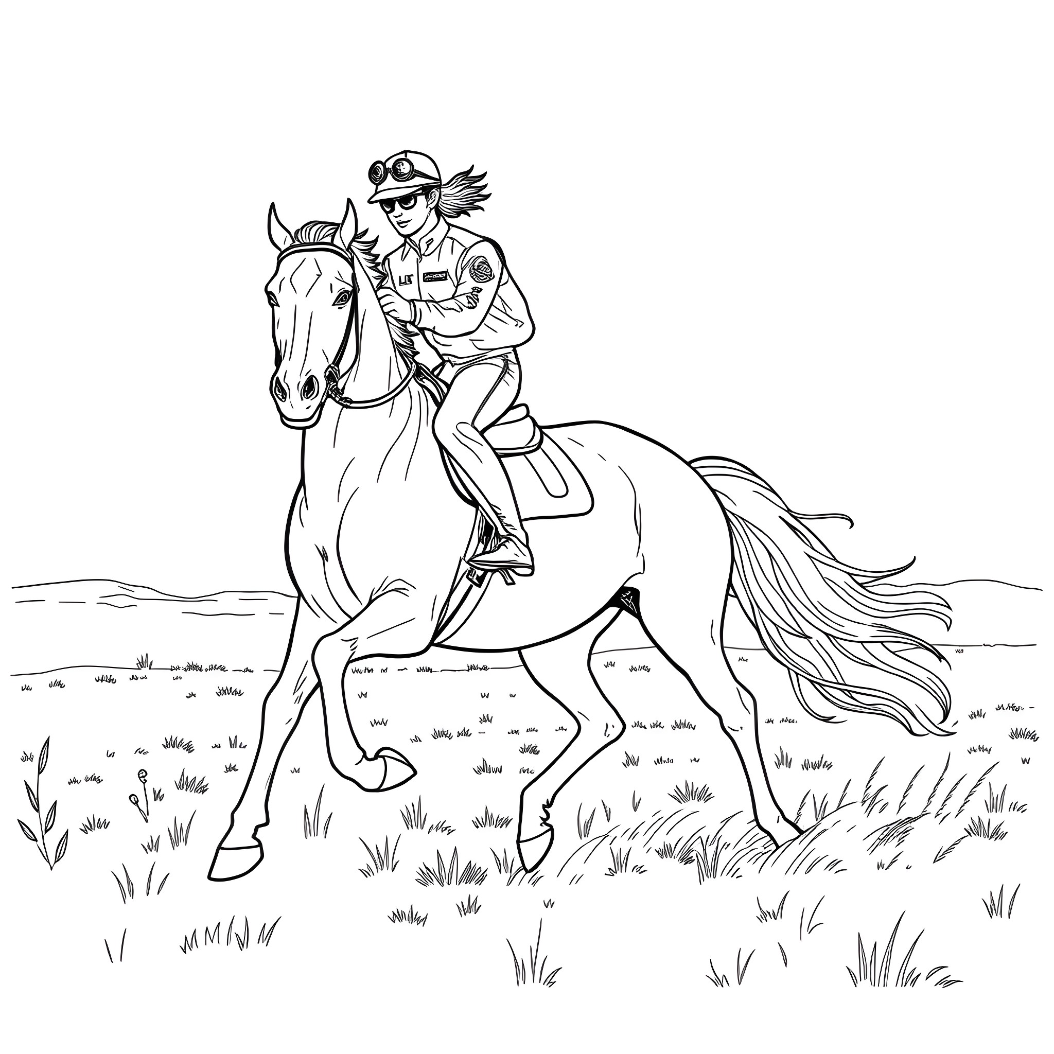 Jeff Gordon riding a horse through the countryside Coloring Page (free black-and-white line drawing printable PDF for all, from beginners to advanced learners, including children, teens, adults, and seniors)