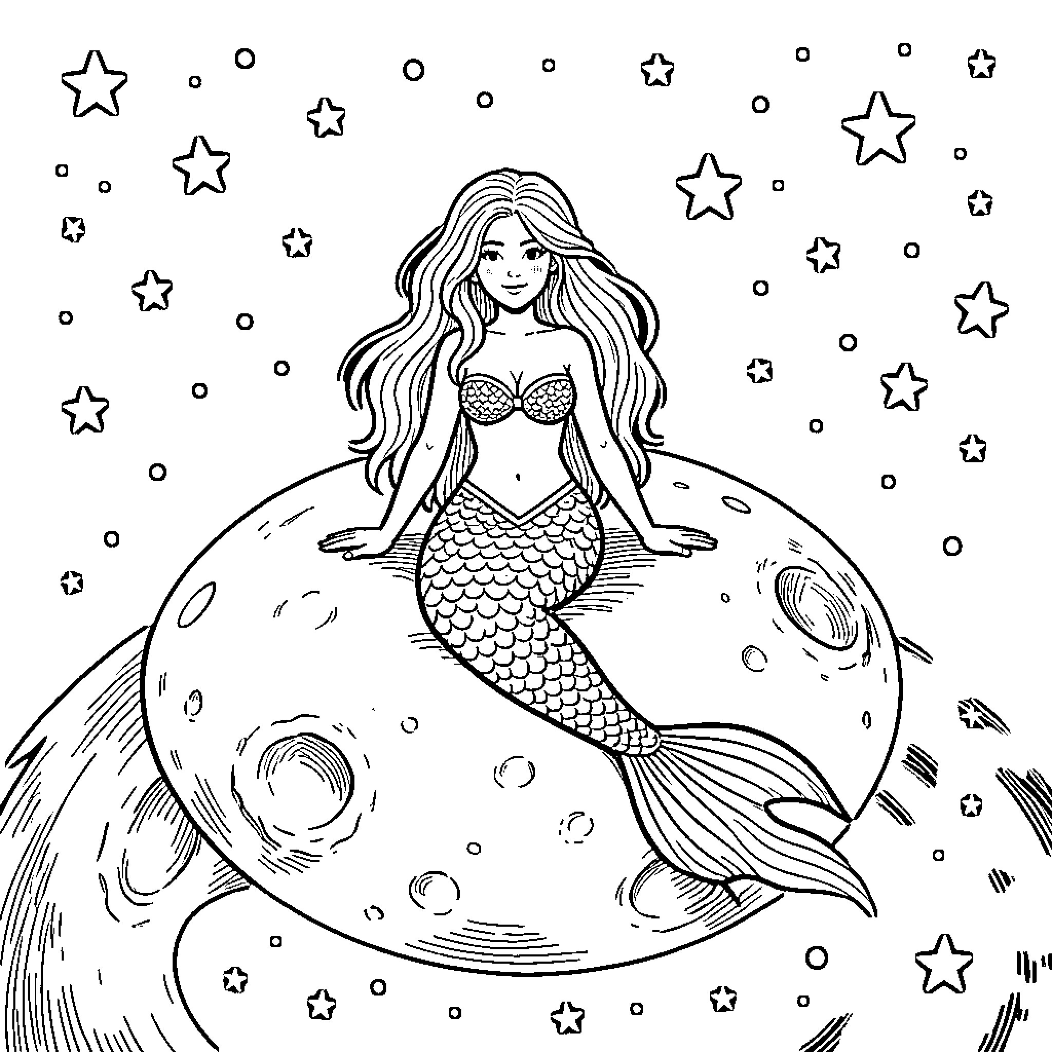 Mermaid sitting gracefully on a crescent moon Coloring Page (free black-and-white line drawing printable PDF for all, from beginners to advanced learners, including children, teens, adults, and seniors)