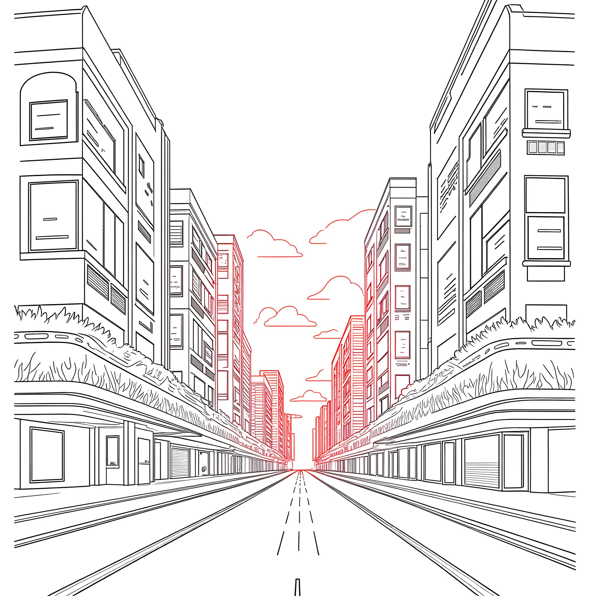 Cityscape of a modern urban street with tall buildings Coloring Page (free black-and-white line drawing printable PDF for all, from beginners to advanced learners, including children, teens, adults, and seniors)