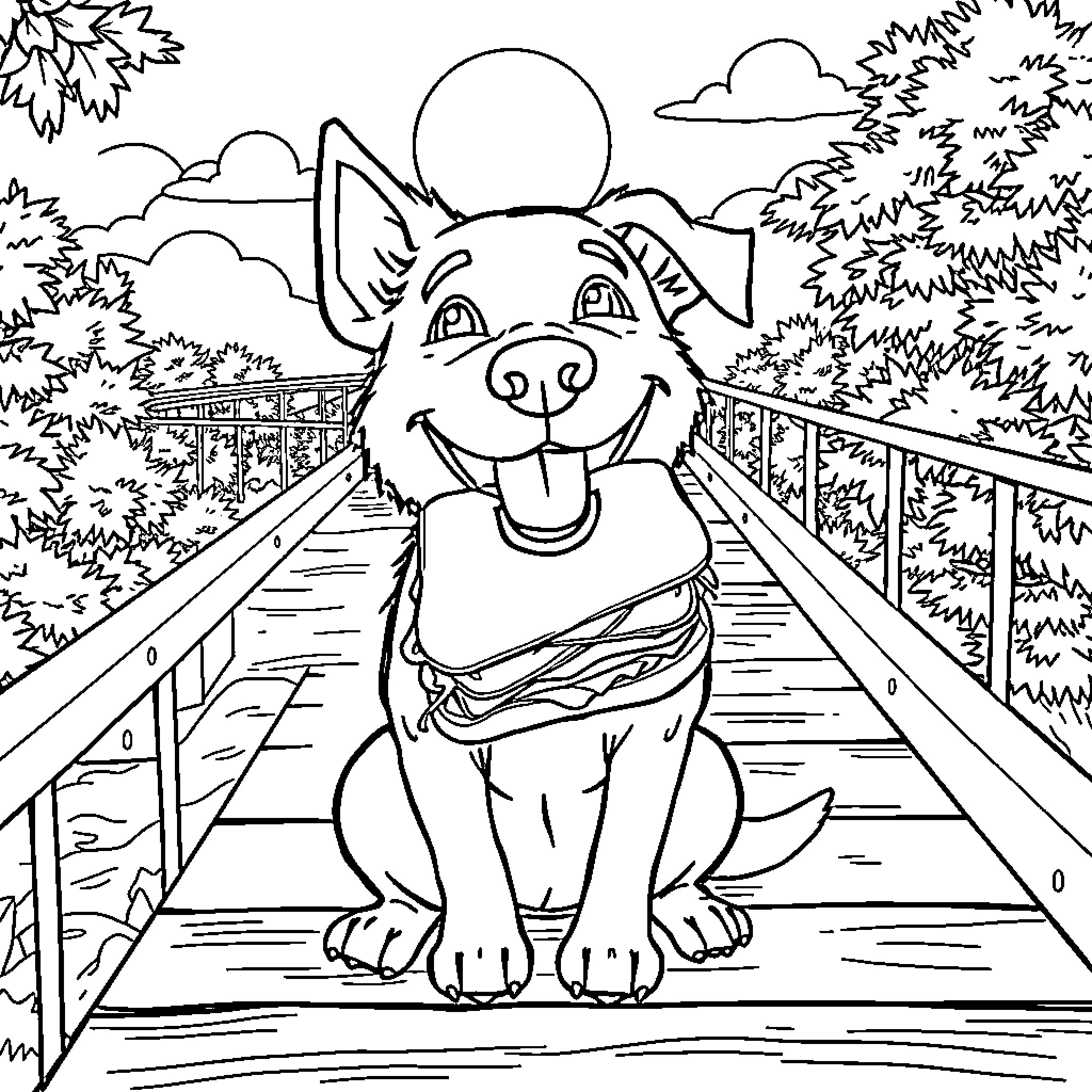 Dog happily sitting on a wooden bridge Coloring Page (free black-and-white line drawing printable PDF for all, from beginners to advanced learners, including children, teens, adults, and seniors)
