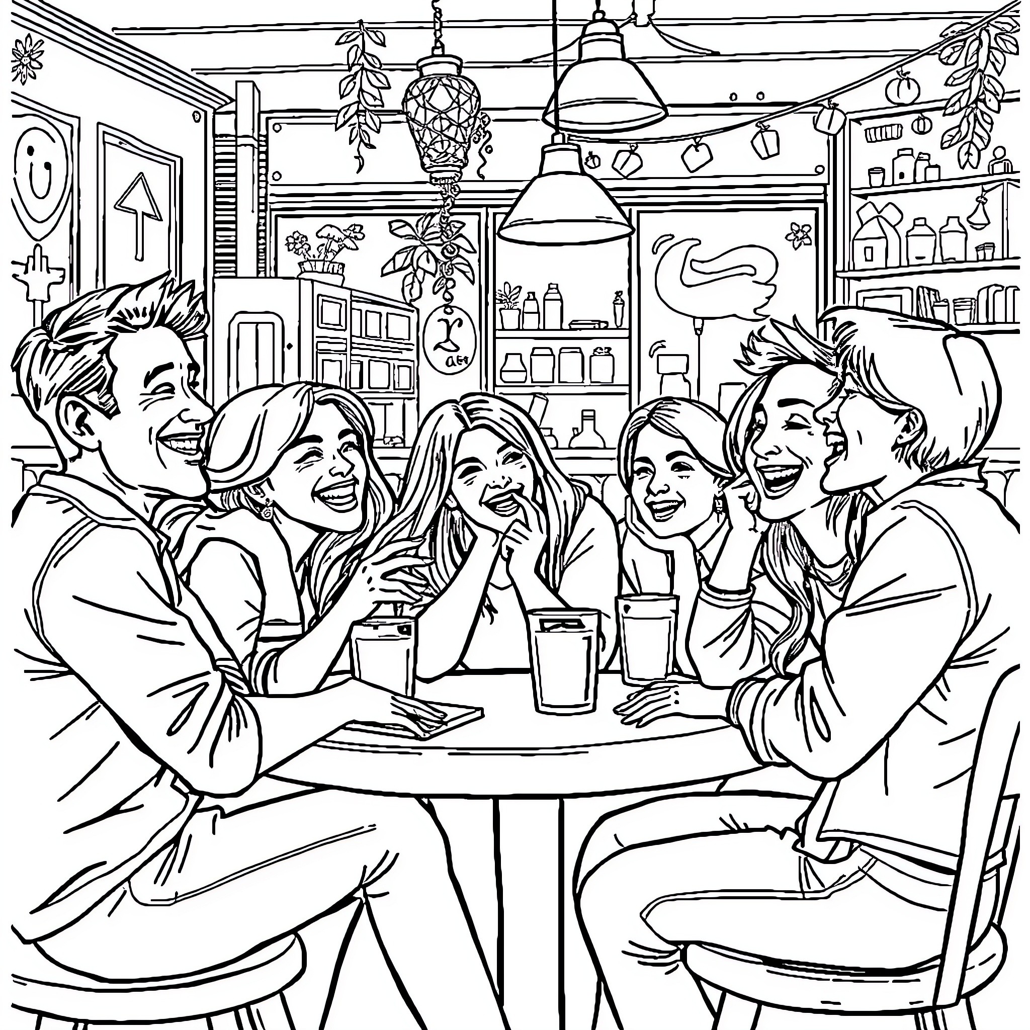 HAJA Friends Enjoying Lively Gathering at Cafe Coloring Page (free black-and-white line drawing printable PDF for all, from beginners to advanced learners, including children, teens, adults, and seniors)