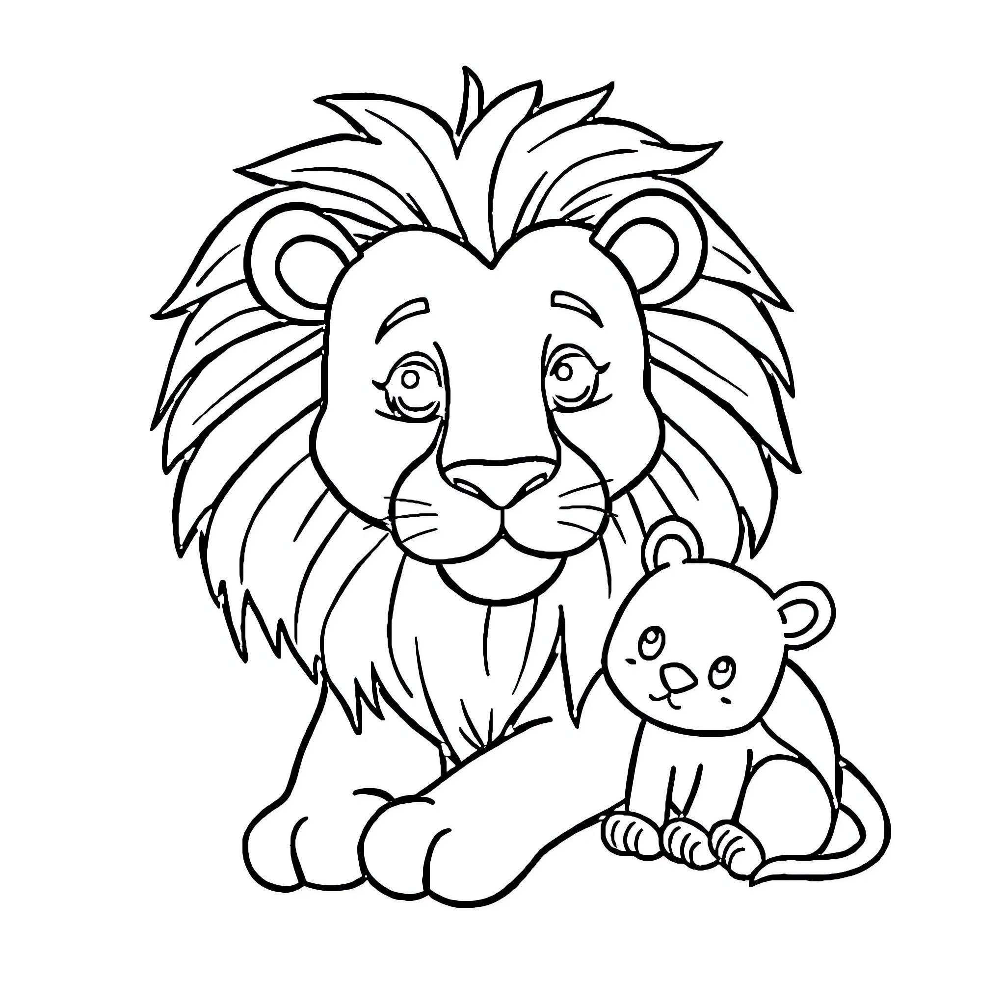 Lion sitting with a small bear Coloring Page (free black-and-white line drawing printable PDF for all, from beginners to advanced learners, including children, teens, adults, and seniors)