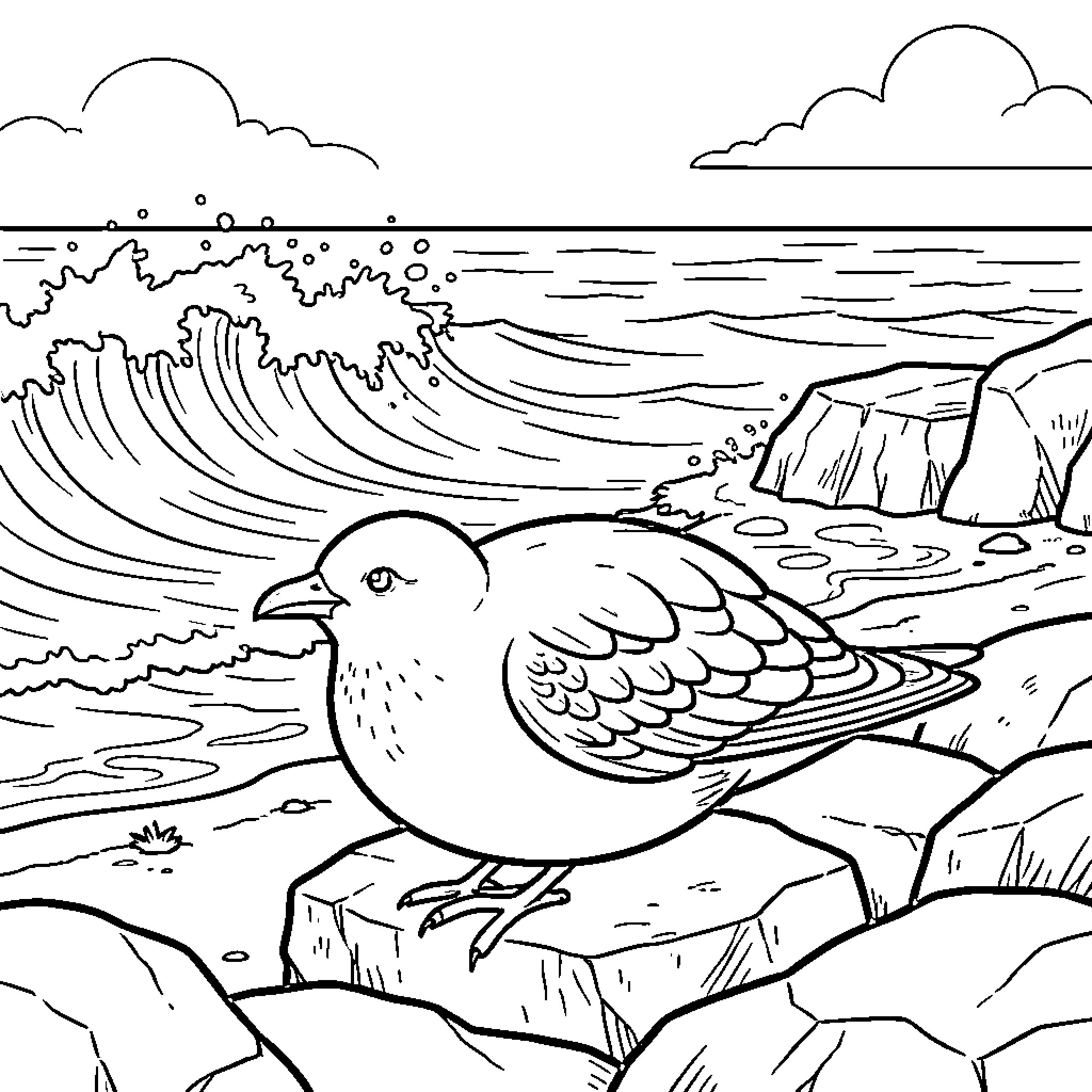 Seaeater bird standing on rocks by the ocean waves Coloring Page (free black-and-white line drawing printable PDF for all, from beginners to advanced learners, including children, teens, adults, and seniors)