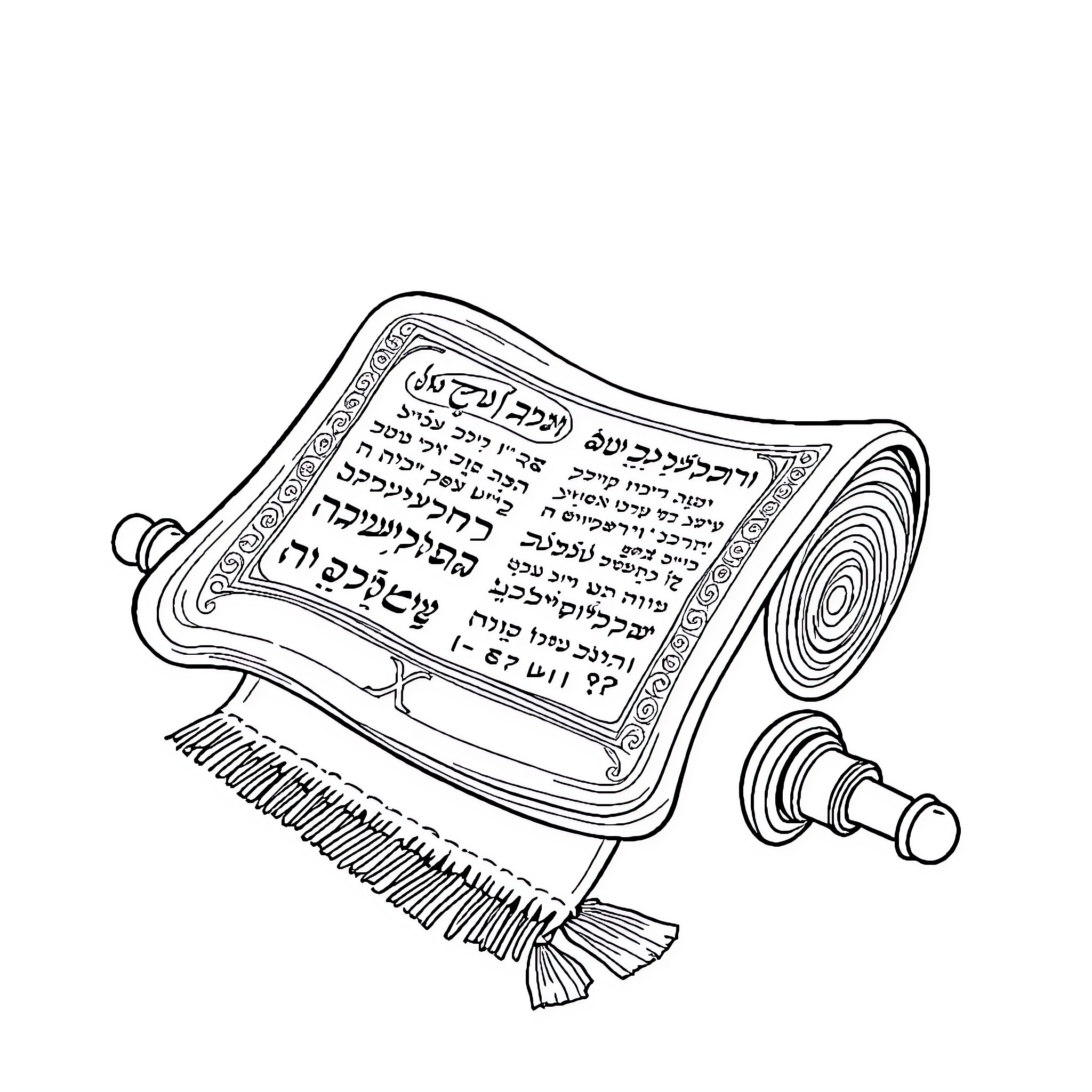 Sepher Tora: Scrolled Torah Manuscript with Ornate Decoration Coloring Page (free black-and-white line drawing printable PDF for all, from beginners to advanced learners, including children, teens, adults, and seniors)