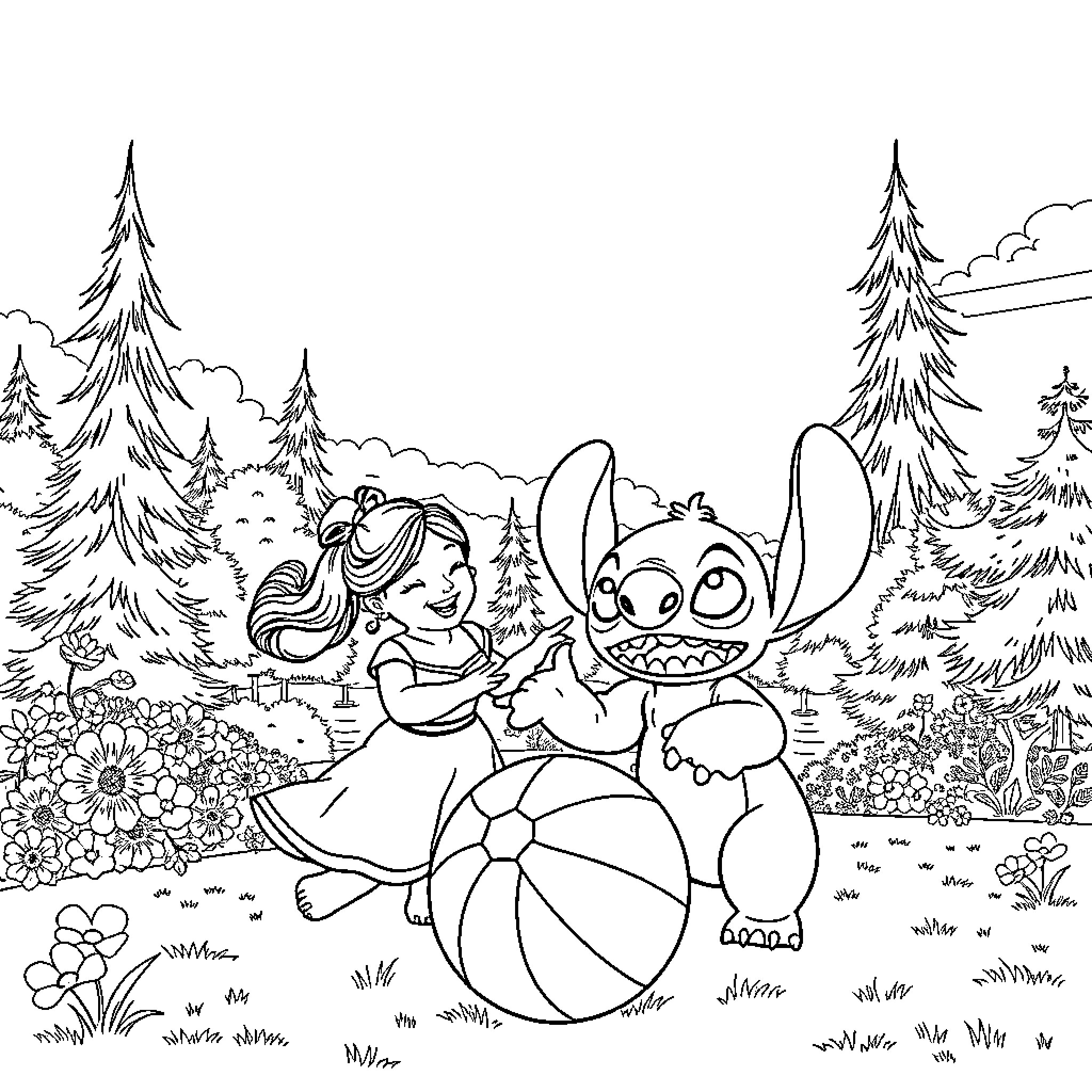 Lilo And Stitch Playing Happily in the Forest Coloring Page (free black-and-white line drawing printable PDF for all, from beginners to advanced learners, including children, teens, adults, and seniors)