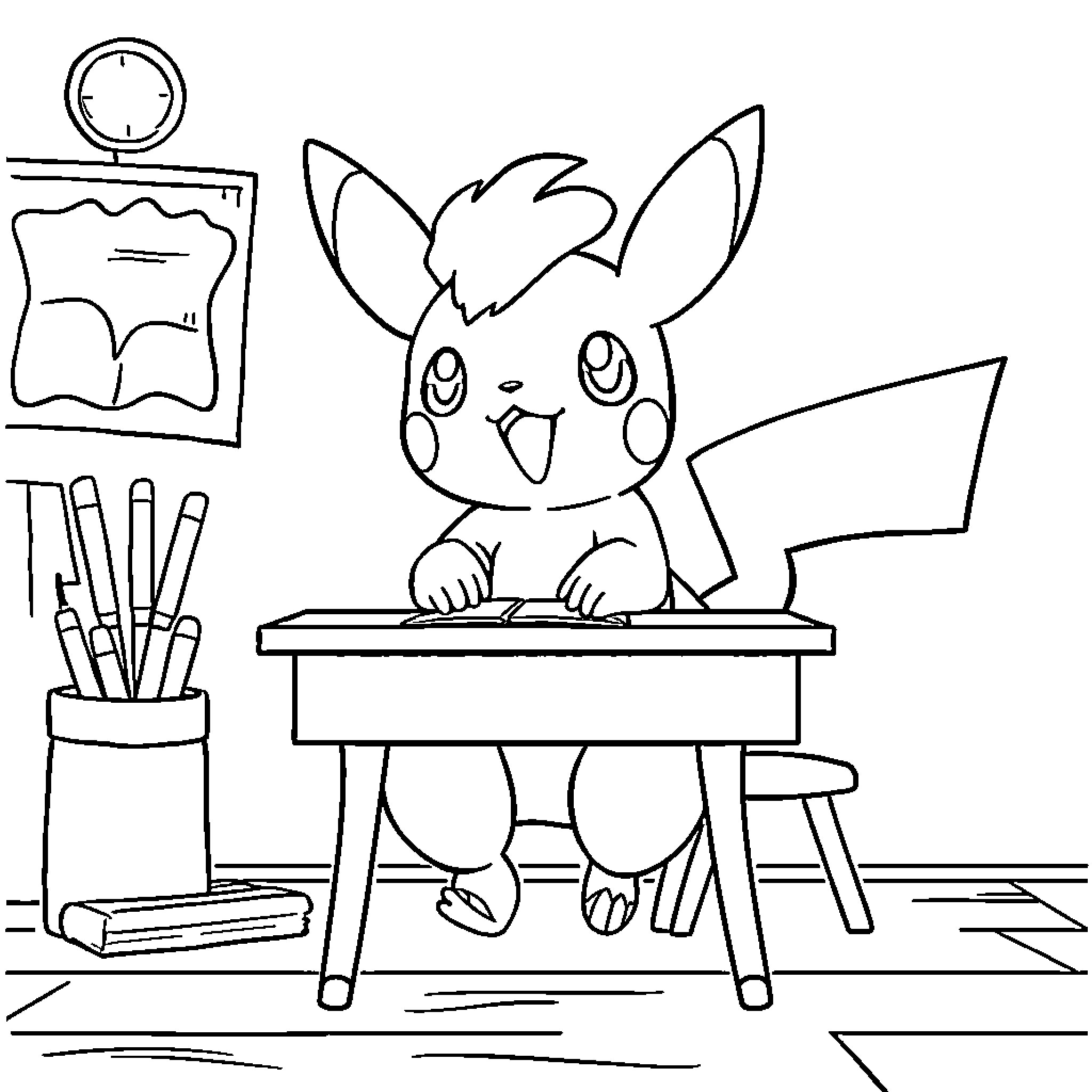 Pokémon character studying at desk with school supplies Coloring Page (free black-and-white line drawing printable PDF for all, from beginners to advanced learners, including children, teens, adults, and seniors)