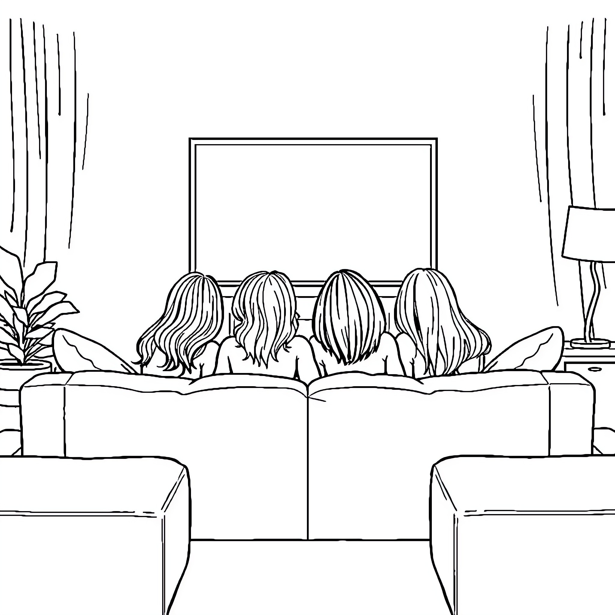 Amies Watching a Movie Together Coloring Page (free black-and-white line drawing printable PDF for all, from beginners to advanced learners, including children, teens, adults, and seniors)