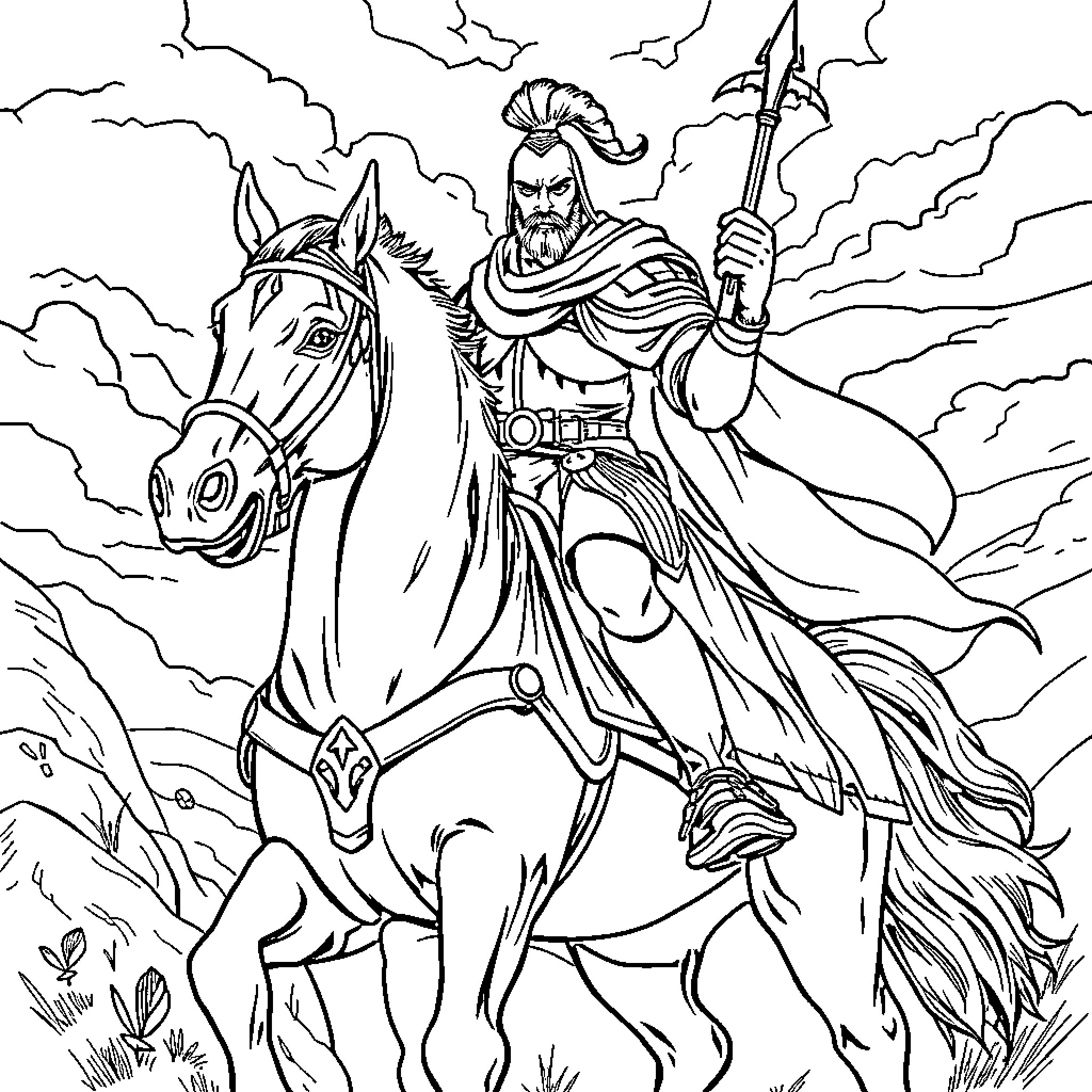 Knight riding a powerful horse into battle Coloring Page (free black-and-white line drawing printable PDF for all, from beginners to advanced learners, including children, teens, adults, and seniors)