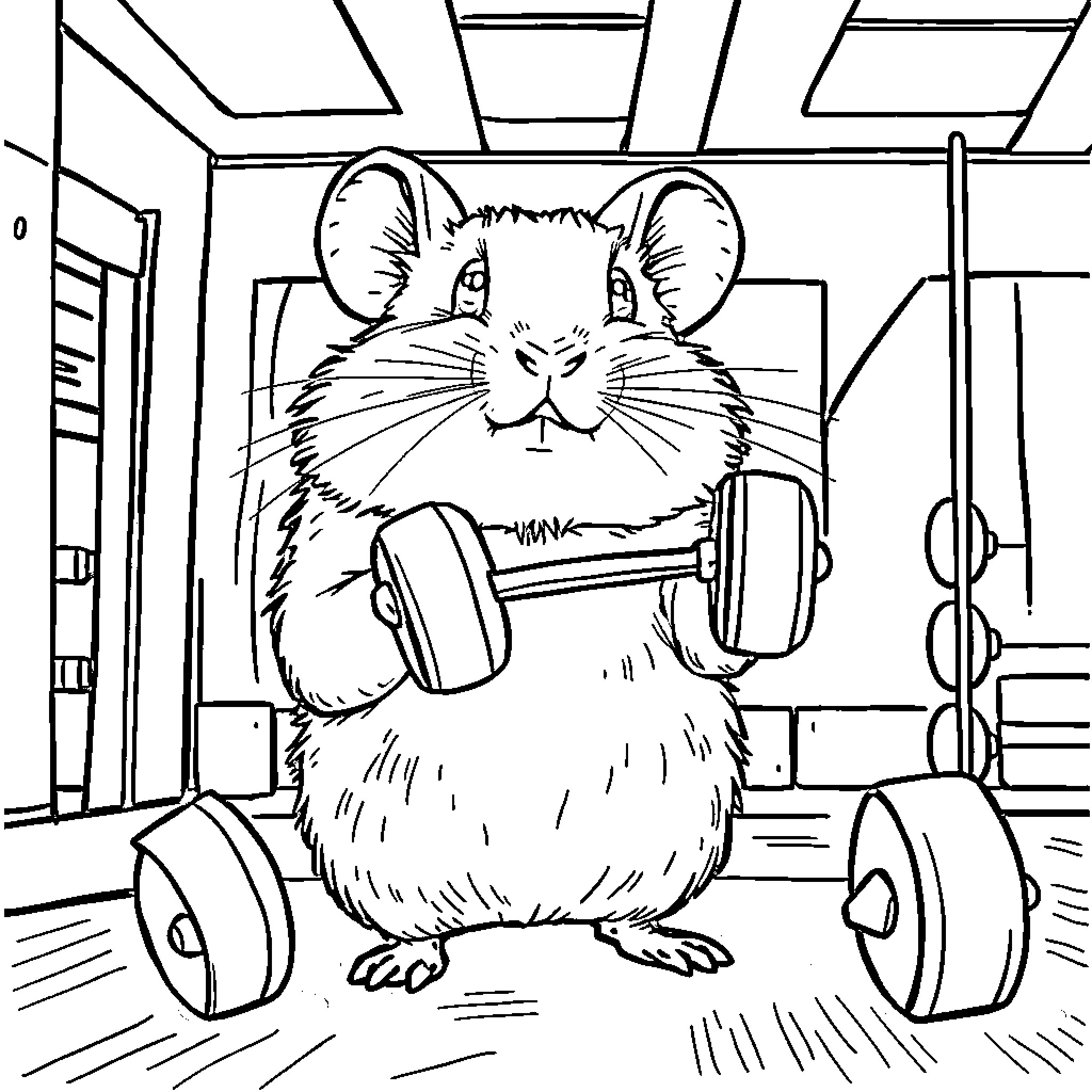 Hamster Lifting Weights in Fitness Gym Coloring Page (free black-and-white line drawing printable PDF for all, from beginners to advanced learners, including children, teens, adults, and seniors)