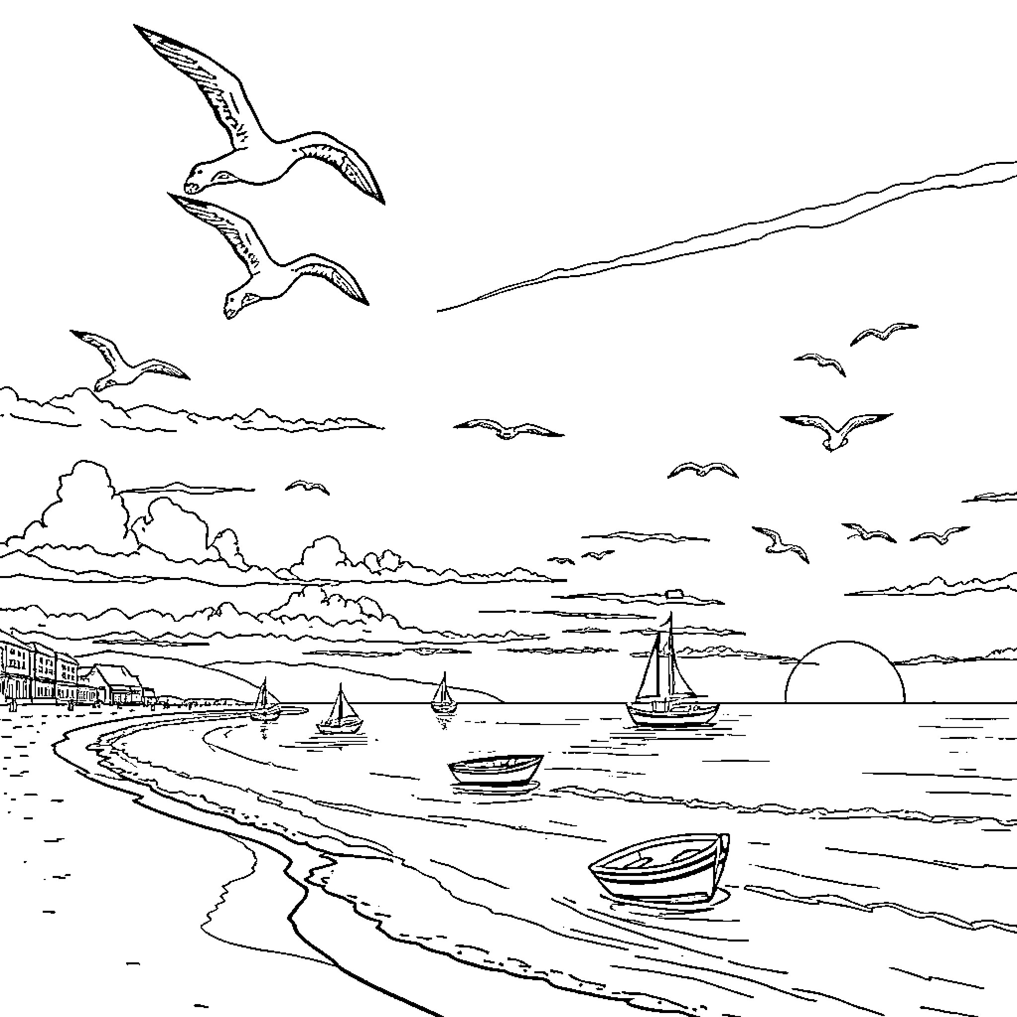Beach scene with boats, birds, and sunset Coloring Page (free black-and-white line drawing printable PDF for all, from beginners to advanced learners, including children, teens, adults, and seniors)
