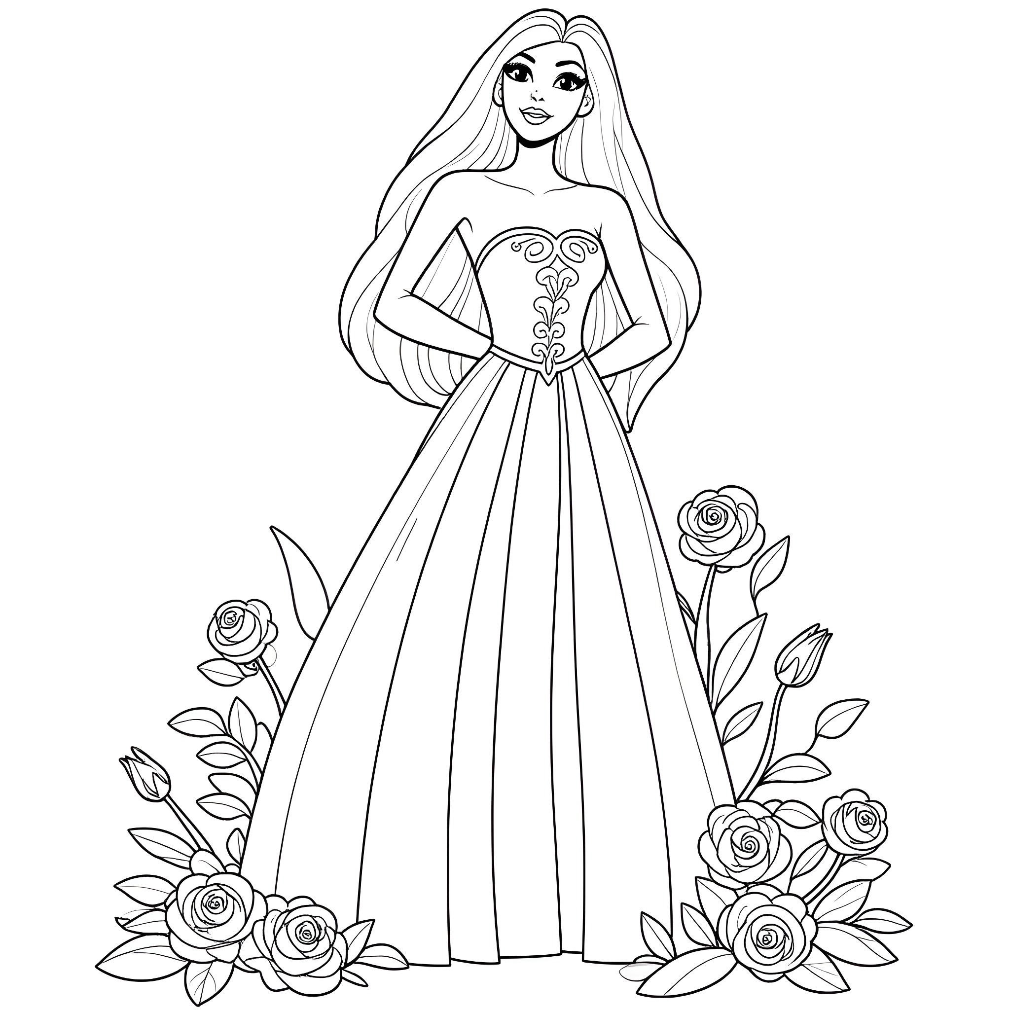 Lady Oscar in a Floral Gown Coloring Page (free black-and-white line drawing printable PDF for all, from beginners to advanced learners, including children, teens, adults, and seniors)