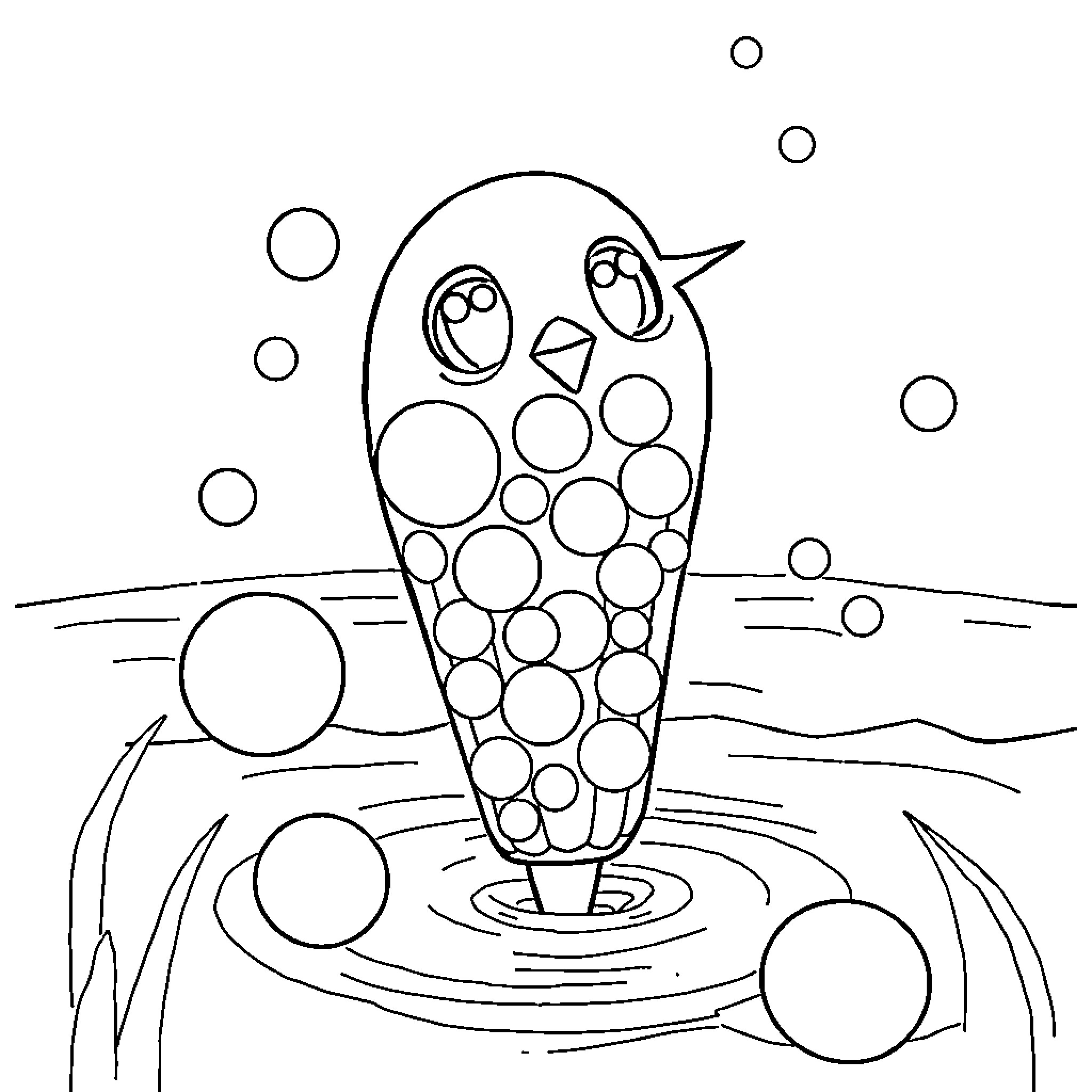 Fish dancing in the bubbles Coloring Page (free black-and-white line drawing printable PDF for all, from beginners to advanced learners, including children, teens, adults, and seniors)