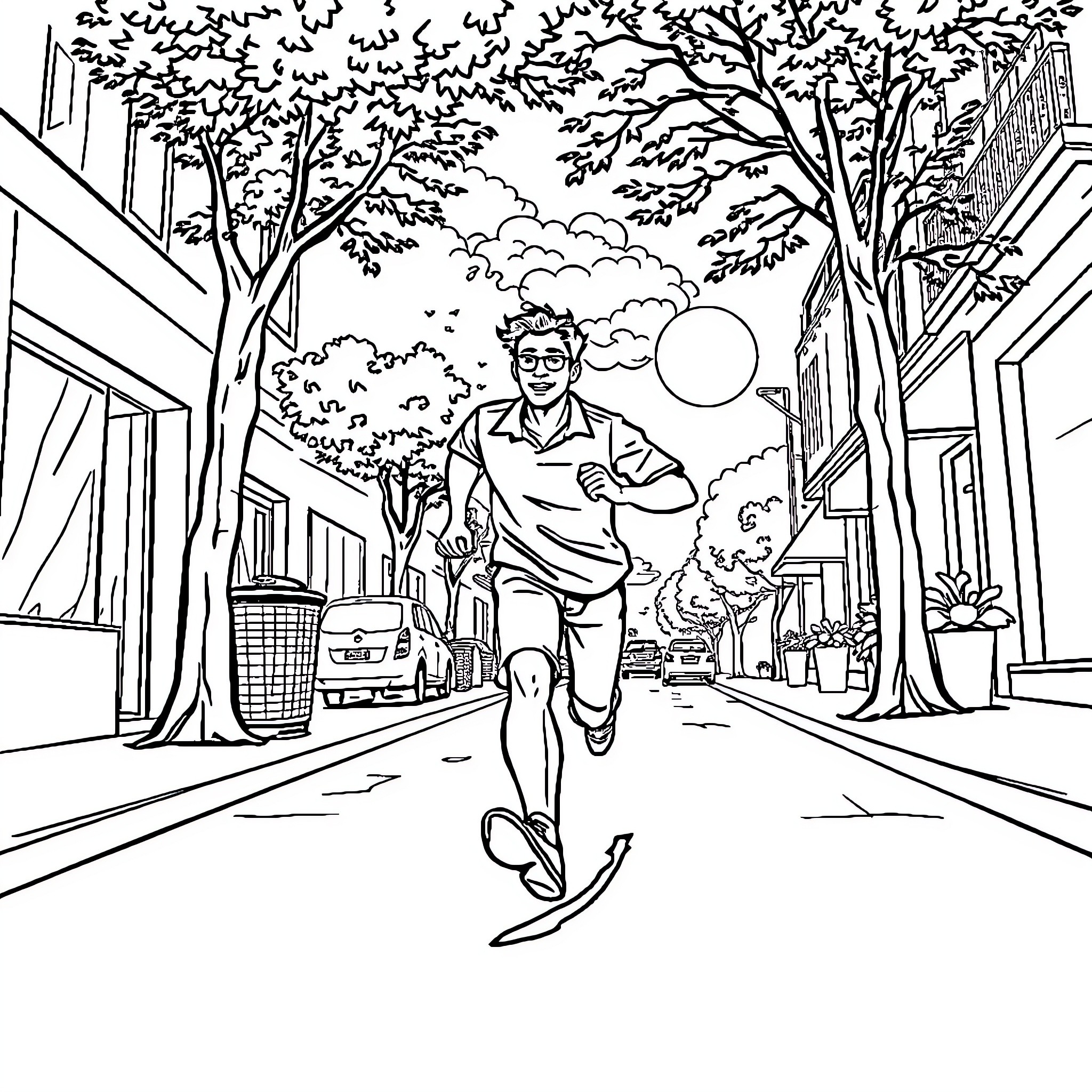 Man running down the street in urban setting Coloring Page (free black-and-white line drawing printable PDF for all, from beginners to advanced learners, including children, teens, adults, and seniors)