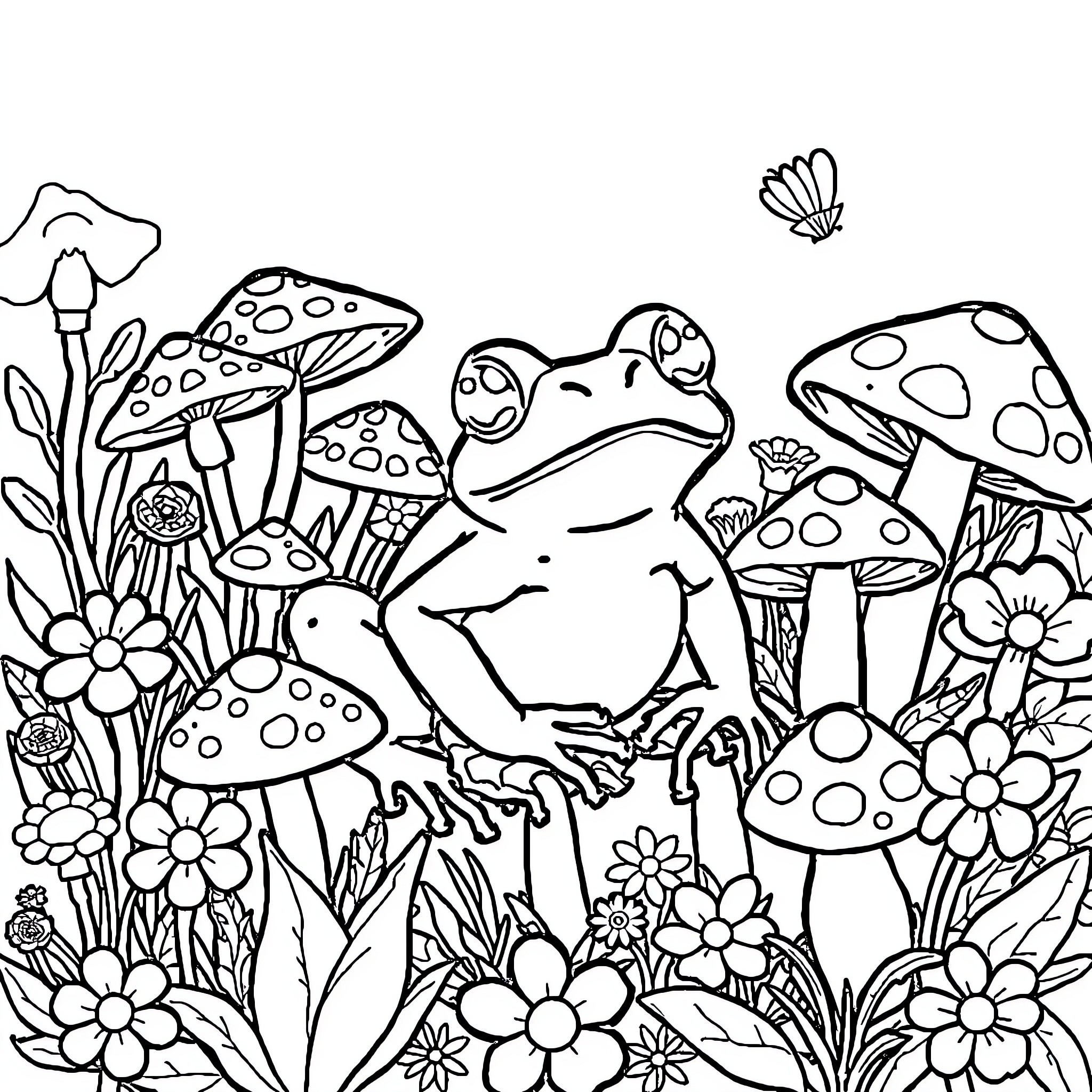 Frog among whimsical mushrooms and flowers Coloring Page (free black-and-white line drawing printable PDF for all, from beginners to advanced learners, including children, teens, adults, and seniors)