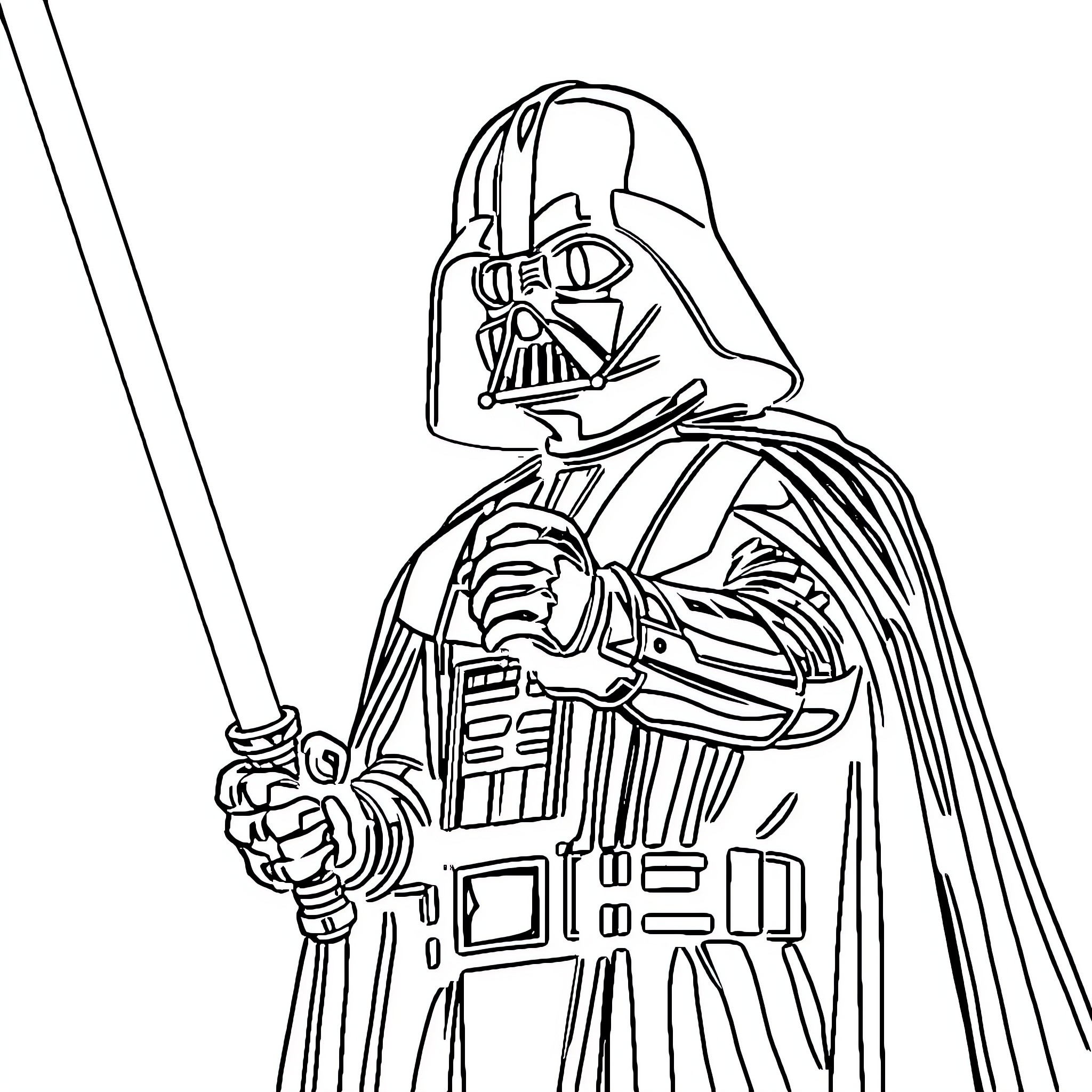 Lightsaber-wielding figure in iconic villain outfit Coloring Page (free black-and-white line drawing printable PDF for all, from beginners to advanced learners, including children, teens, adults, and seniors)