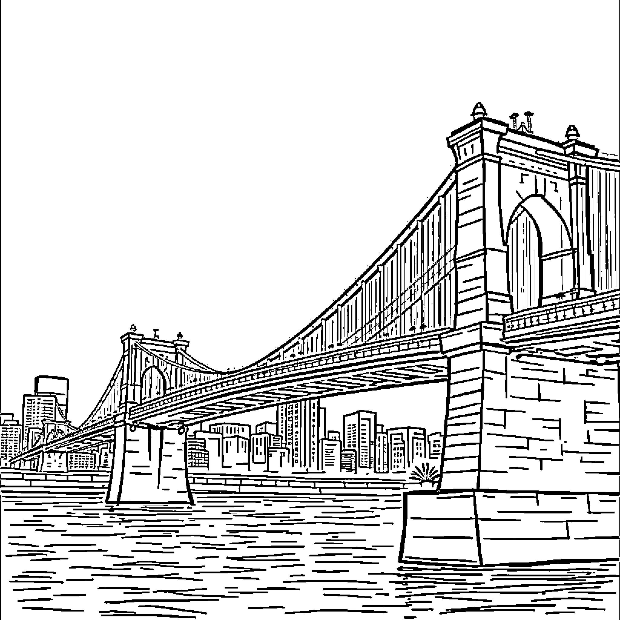 Brooklyn Bridge overlooking the city skyline Coloring Page (free black-and-white line drawing printable PDF for all, from beginners to advanced learners, including children, teens, adults, and seniors)