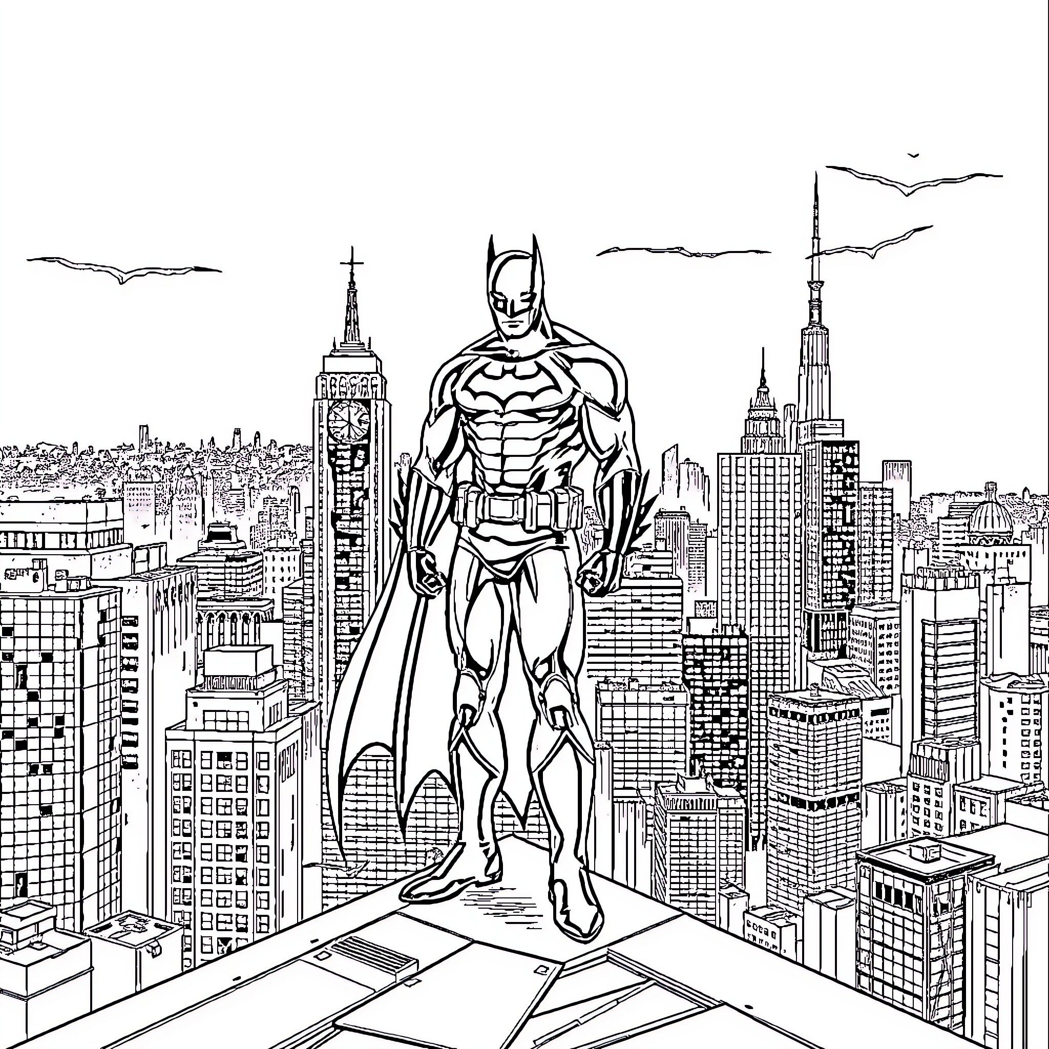 Batman overlooking the city from a skyscraper Coloring Page (free black-and-white line drawing printable PDF for all, from beginners to advanced learners, including children, teens, adults, and seniors)