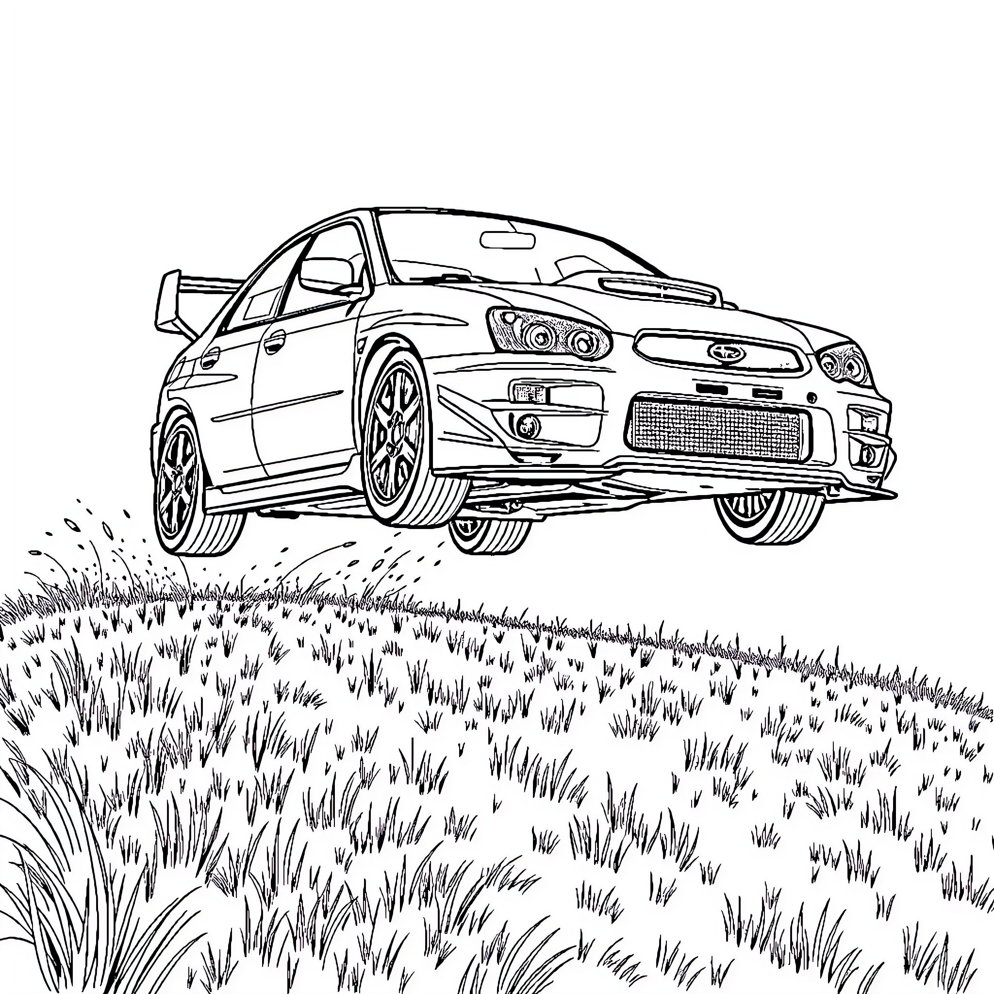 Impreza racing through grassy field Coloring Page (free black-and-white line drawing printable PDF for all, from beginners to advanced learners, including children, teens, adults, and seniors)