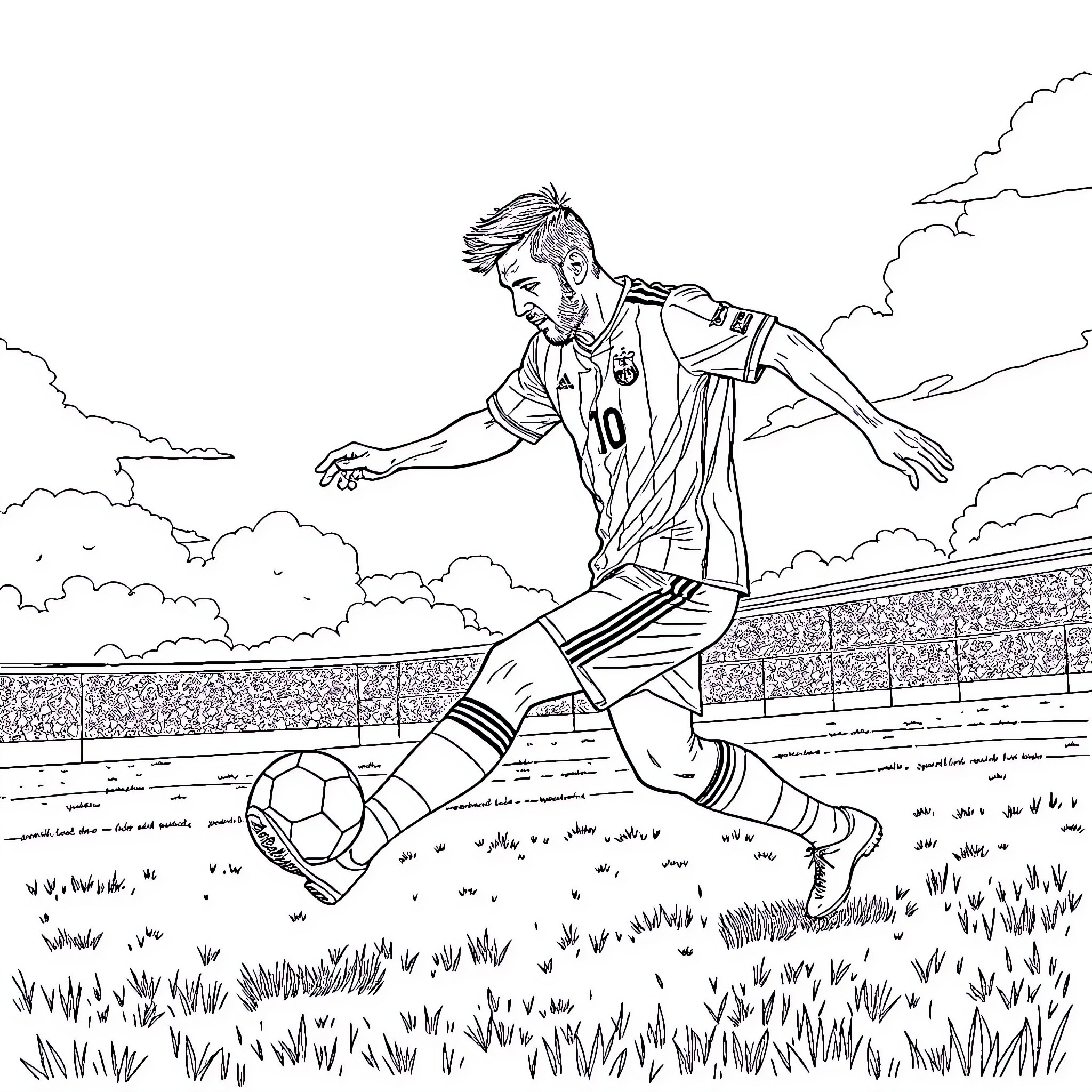 Messi unleashing powerful strike on soccer pitch Coloring Page (free black-and-white line drawing printable PDF for all, from beginners to advanced learners, including children, teens, adults, and seniors)