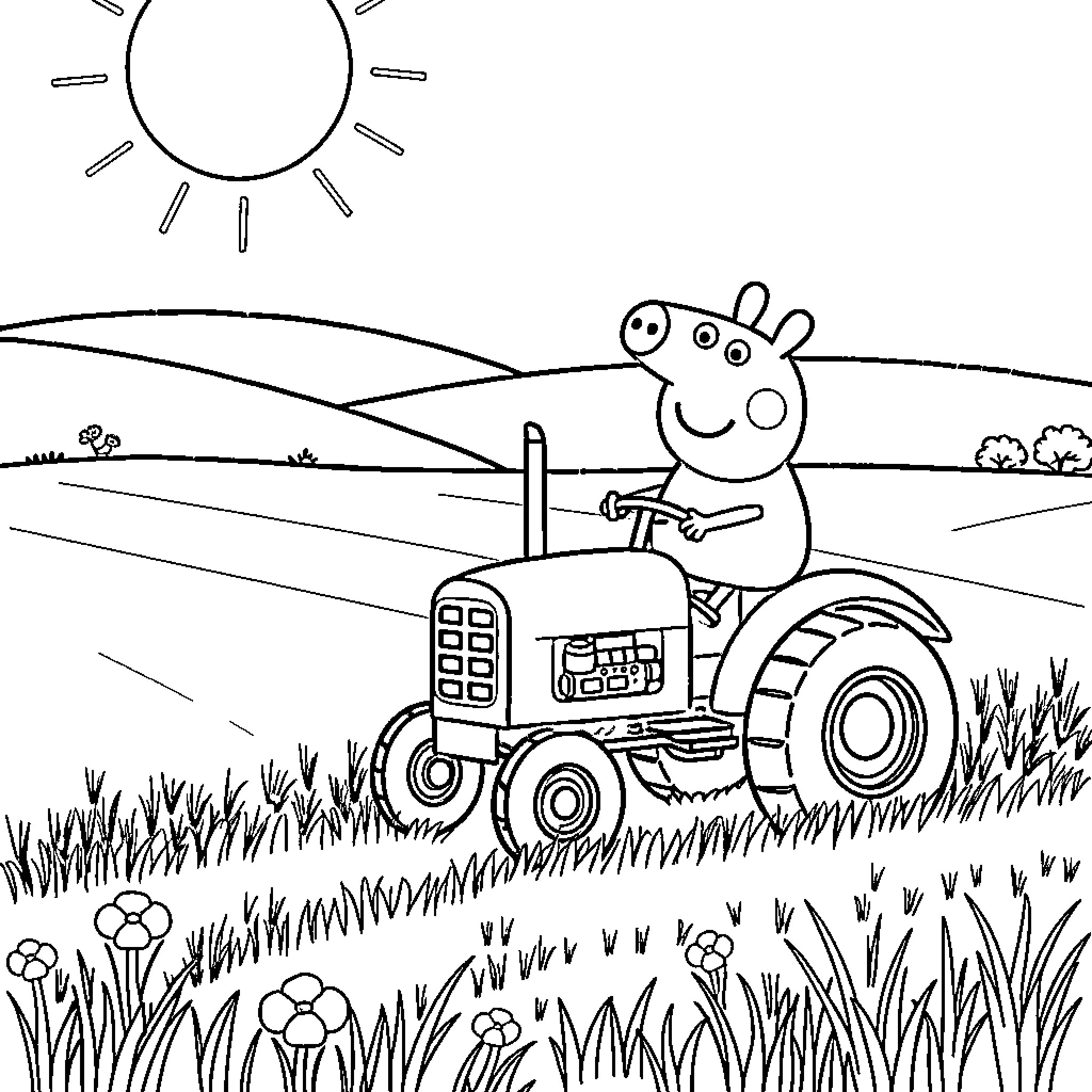 Peppa Pig driving tractor on the farm Coloring Page (free black-and-white line drawing printable PDF for all, from beginners to advanced learners, including children, teens, adults, and seniors)