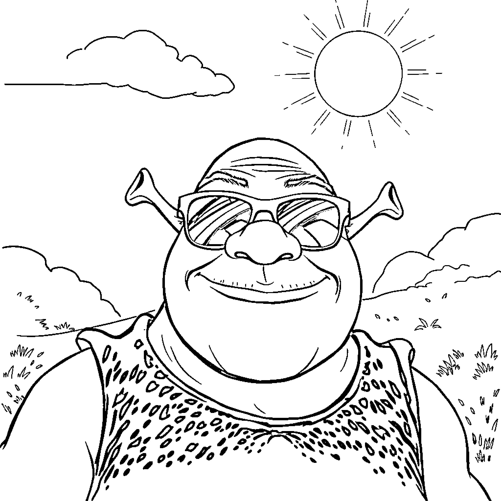 Shrek sunbathing happily in the countryside Coloring Page (free black-and-white line drawing printable PDF for all, from beginners to advanced learners, including children, teens, adults, and seniors)