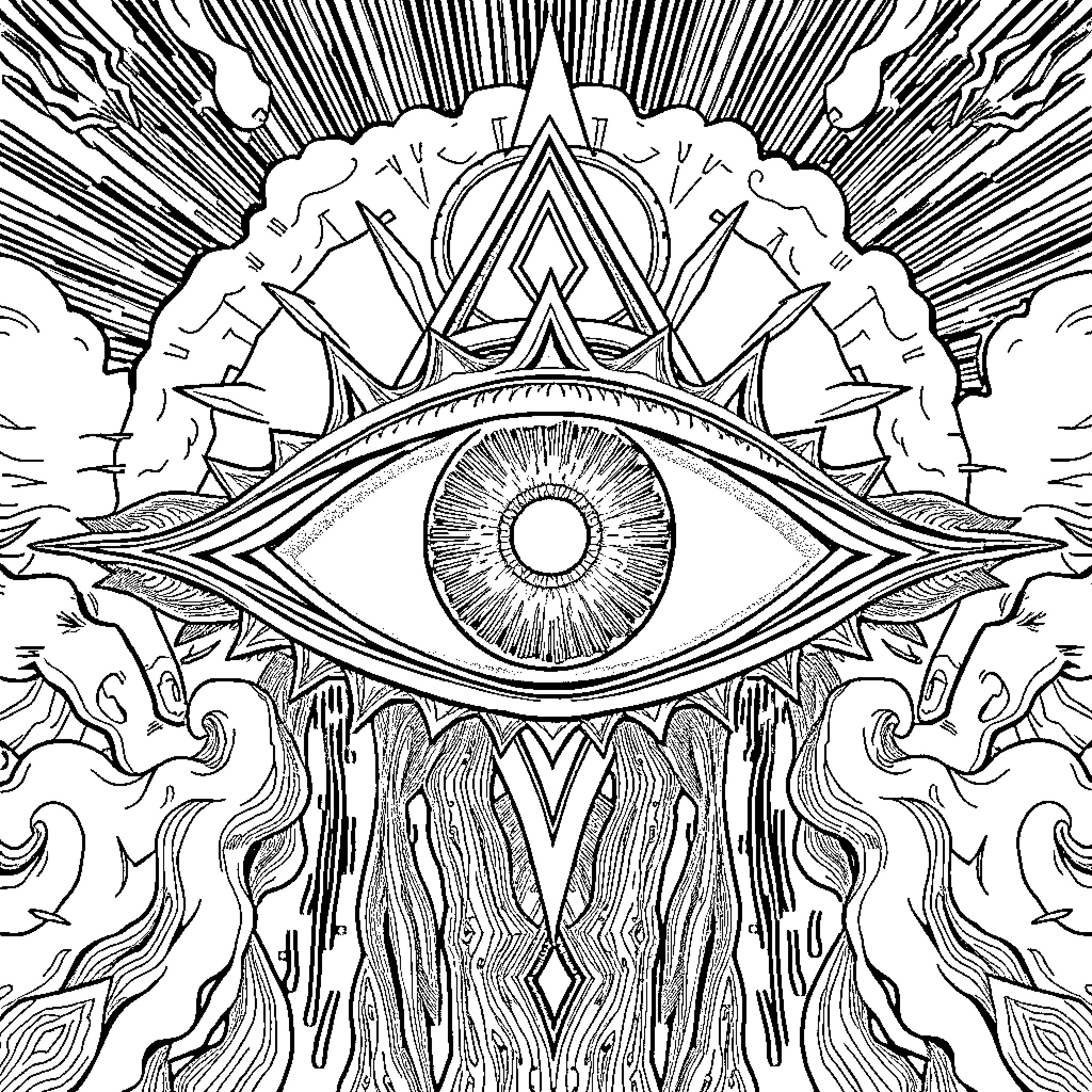 Eye of Knowledge Shines Bright Coloring Page (free black-and-white line drawing printable PDF for all, from beginners to advanced learners, including children, teens, adults, and seniors)
