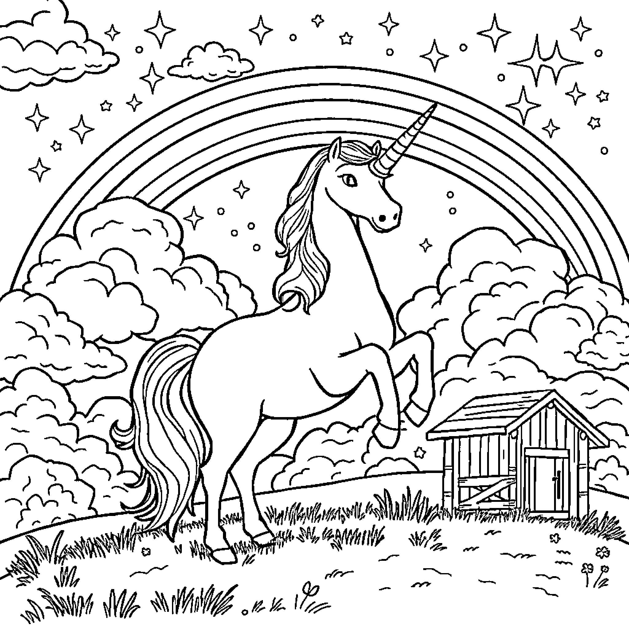 Unicorn galloping under a starry rainbow Coloring Page (free black-and-white line drawing printable PDF for all, from beginners to advanced learners, including children, teens, adults, and seniors)