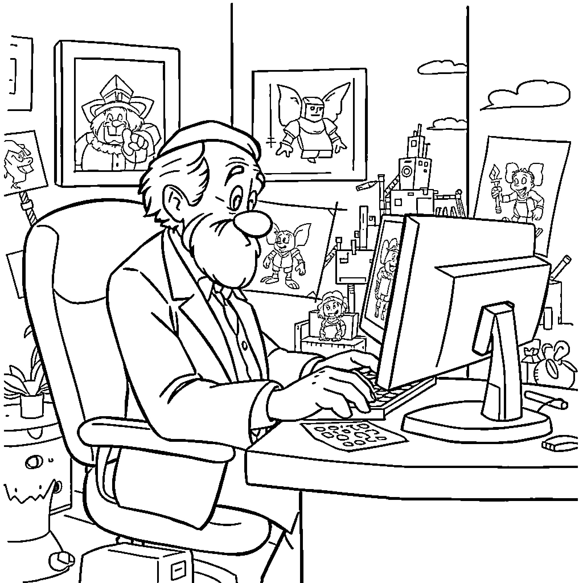 Walt Disney at Work: Imagination Unleashed Coloring Page (free black-and-white line drawing printable PDF for all, from beginners to advanced learners, including children, teens, adults, and seniors)