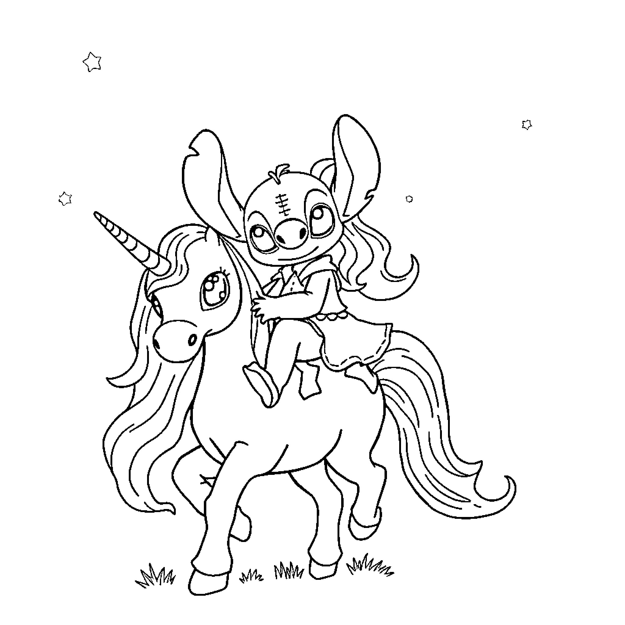 Unicorn and Playful Stitch Riding Together Coloring Page (free black-and-white line drawing printable PDF for all, from beginners to advanced learners, including children, teens, adults, and seniors)