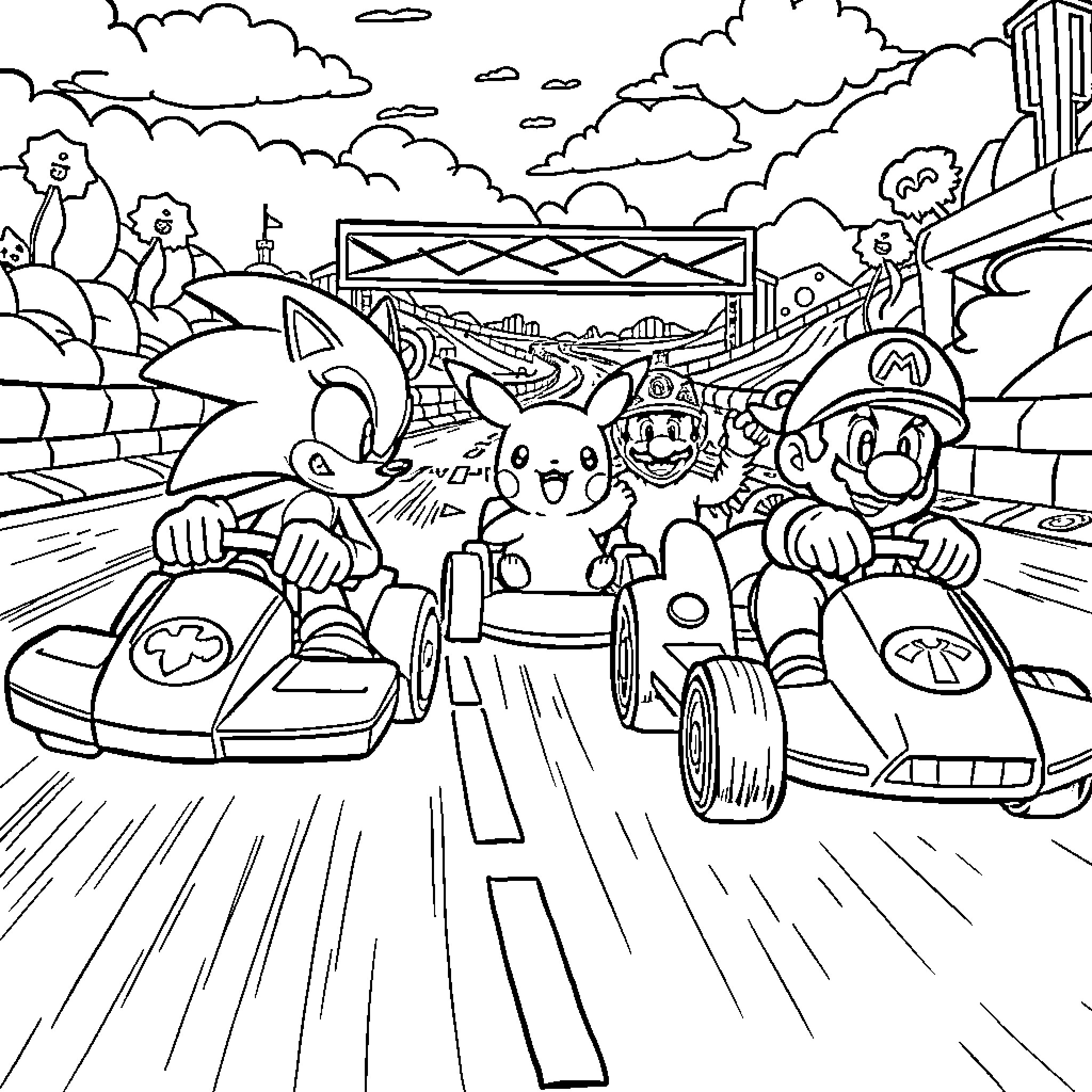 Sonic's Exhilarating Kart Race in the City Coloring Page (free black-and-white line drawing printable PDF for all, from beginners to advanced learners, including children, teens, adults, and seniors)