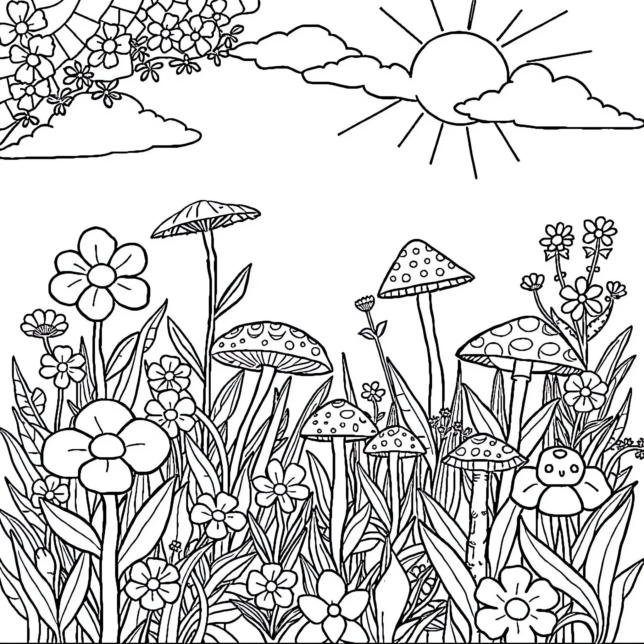 Flower Filled Enchanting Forest Scene Coloring Page (free black-and-white line drawing printable PDF for all, from beginners to advanced learners, including children, teens, adults, and seniors)