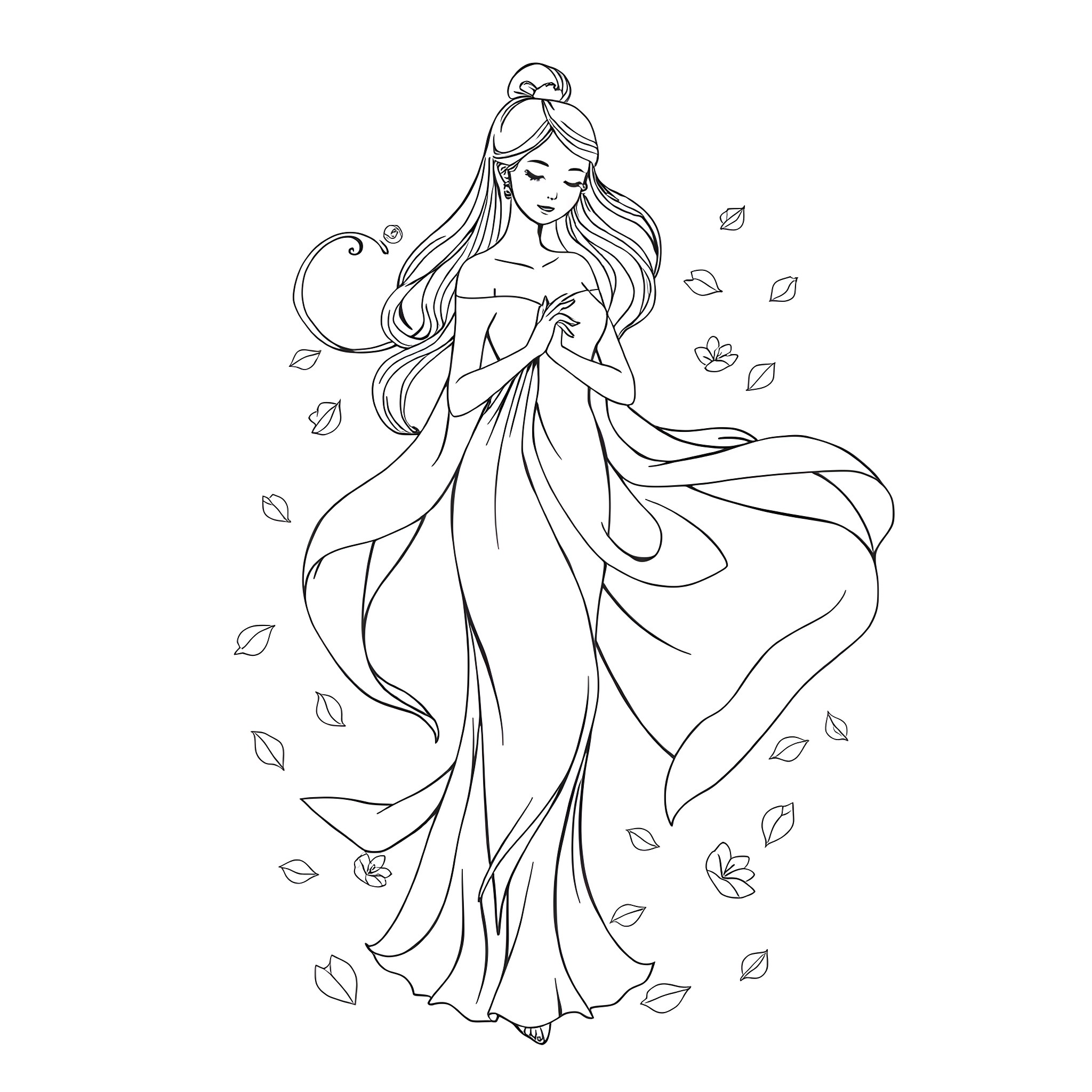 Girl in elegant dress dancing amongst falling petals Coloring Page (free black-and-white line drawing printable PDF for all, from beginners to advanced learners, including children, teens, adults, and seniors)