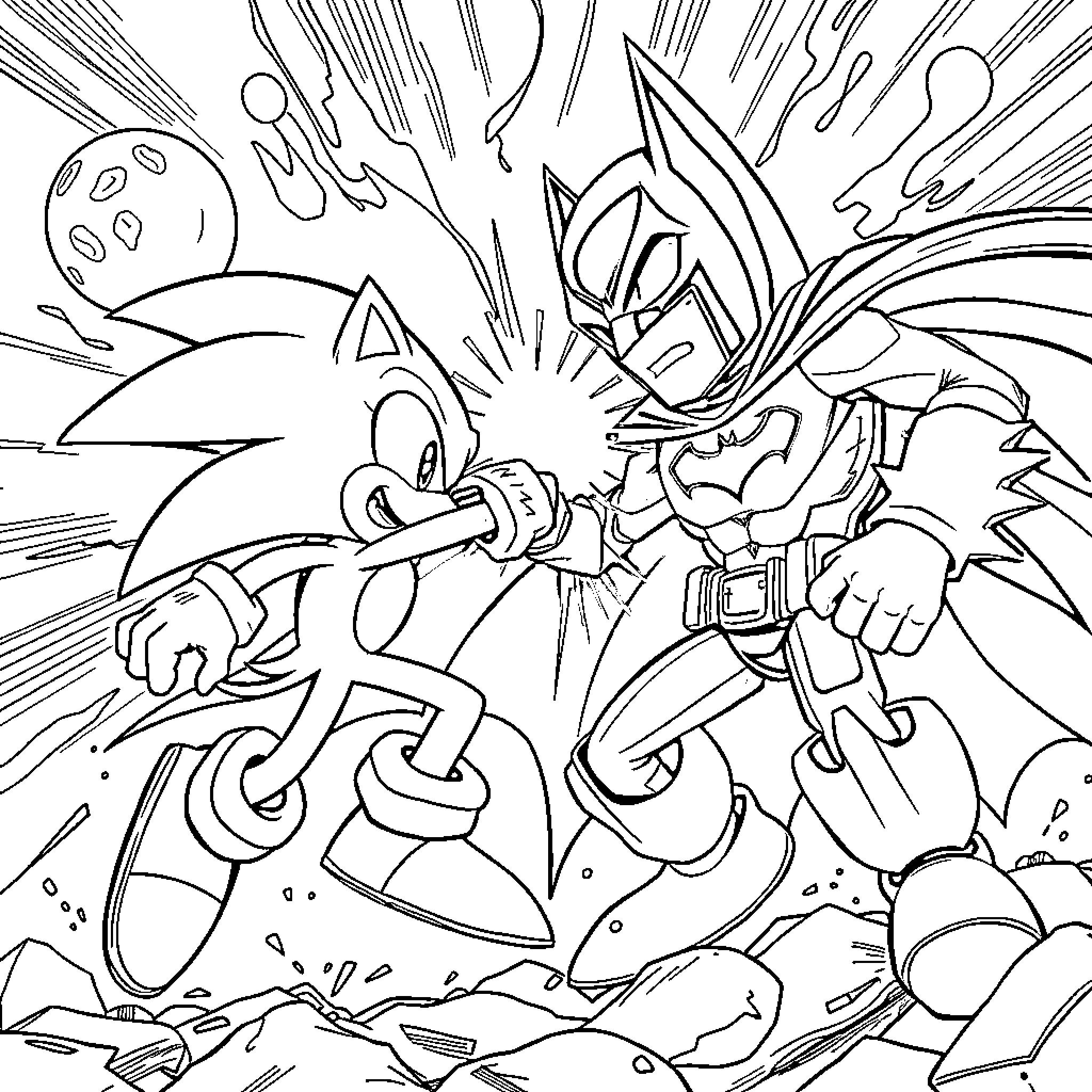 Sonic battling fierce opponent in epic confrontation Coloring Page (free black-and-white line drawing printable PDF for all, from beginners to advanced learners, including children, teens, adults, and seniors)