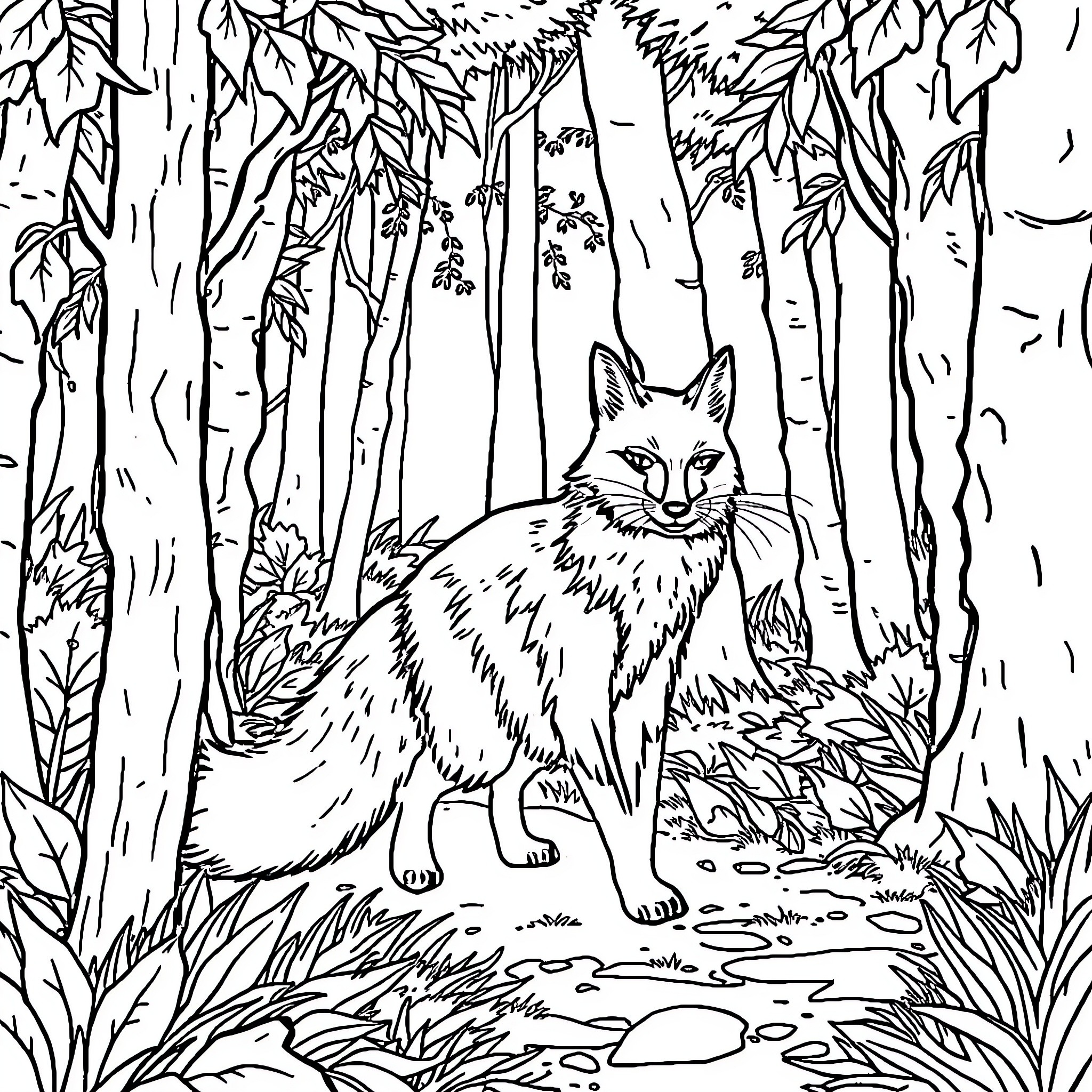 Zorro the Cunning Fox in the Enchanted Forest Coloring Page (free black-and-white line drawing printable PDF for all, from beginners to advanced learners, including children, teens, adults, and seniors)