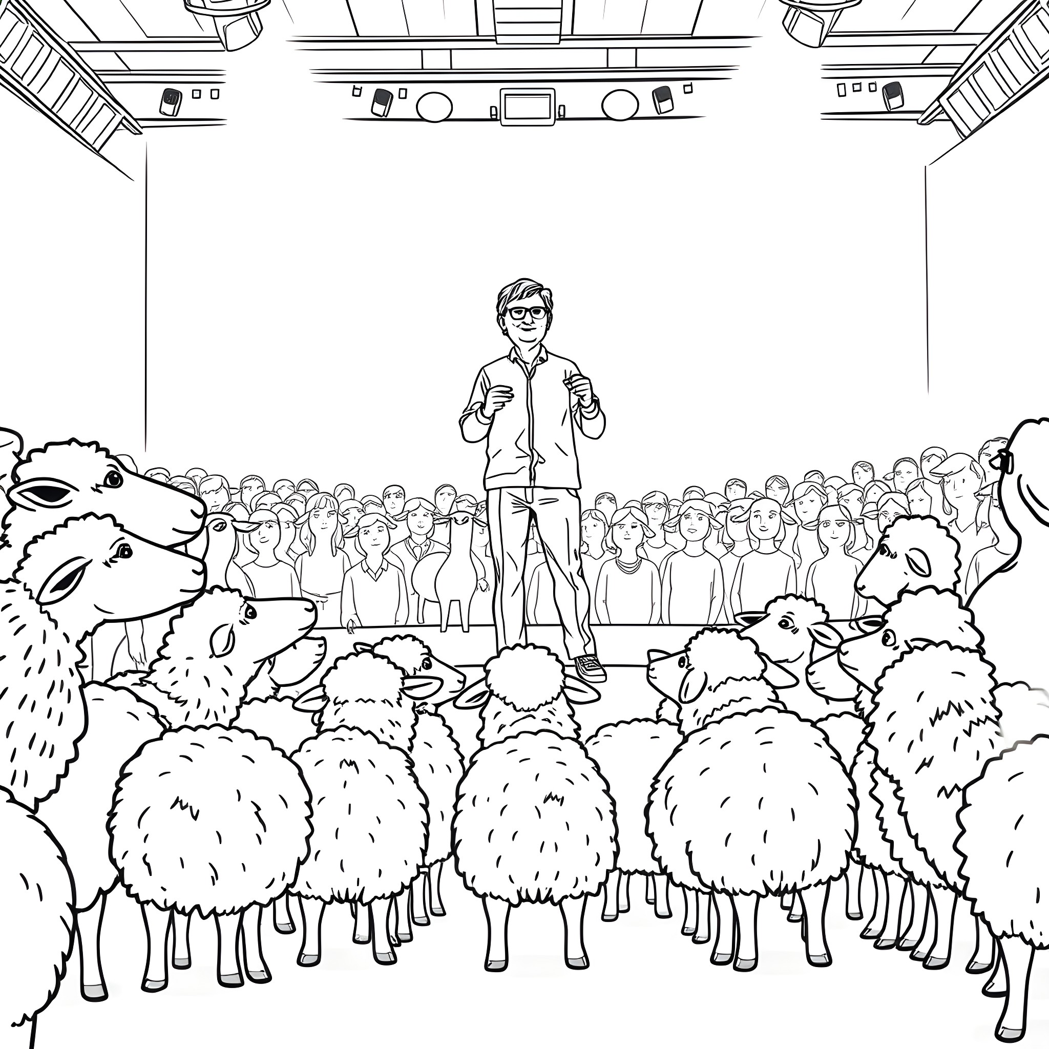 Sheep herd listening to a speaker on stage Coloring Page (free black-and-white line drawing printable PDF for all, from beginners to advanced learners, including children, teens, adults, and seniors)