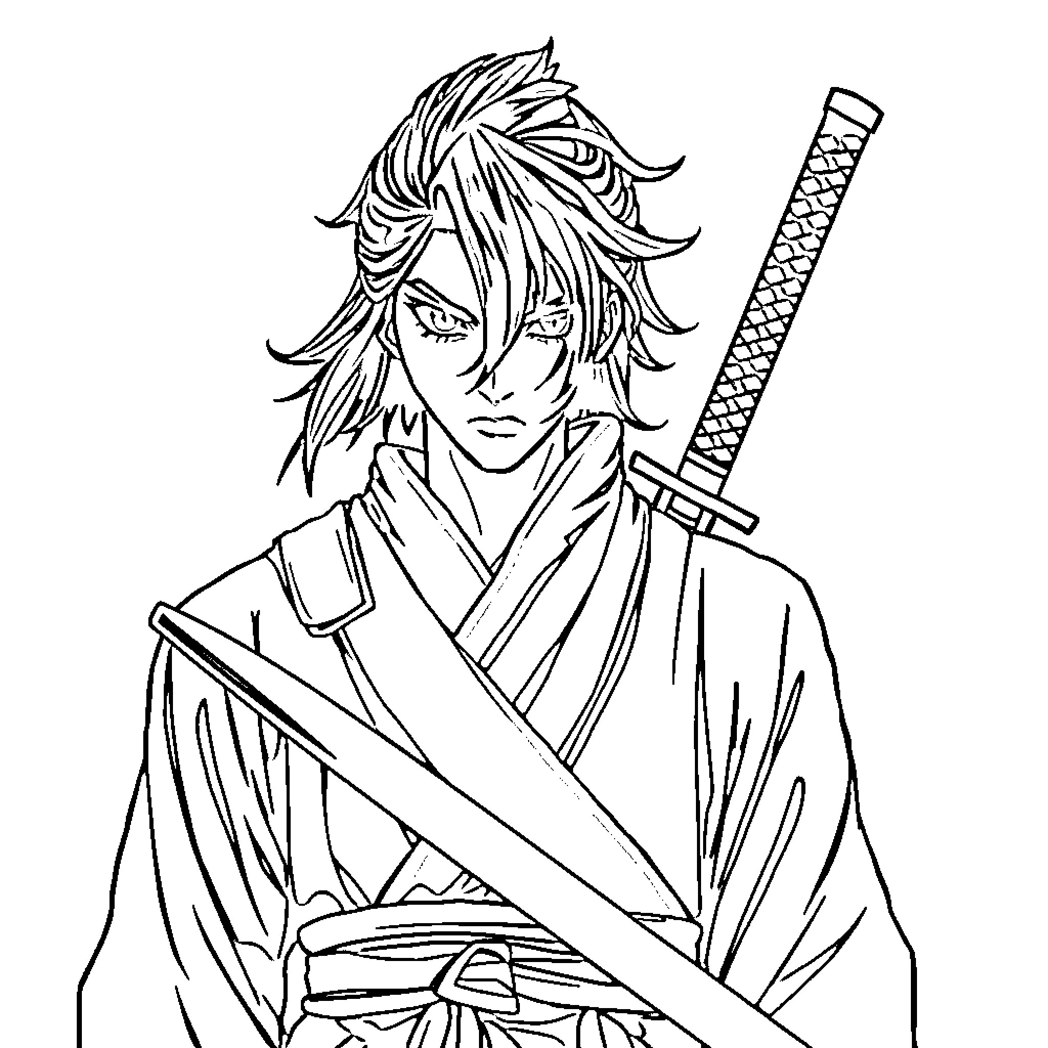 Ronin warrior wielding a sword with determination Coloring Page (free black-and-white line drawing printable PDF for all, from beginners to advanced learners, including children, teens, adults, and seniors)