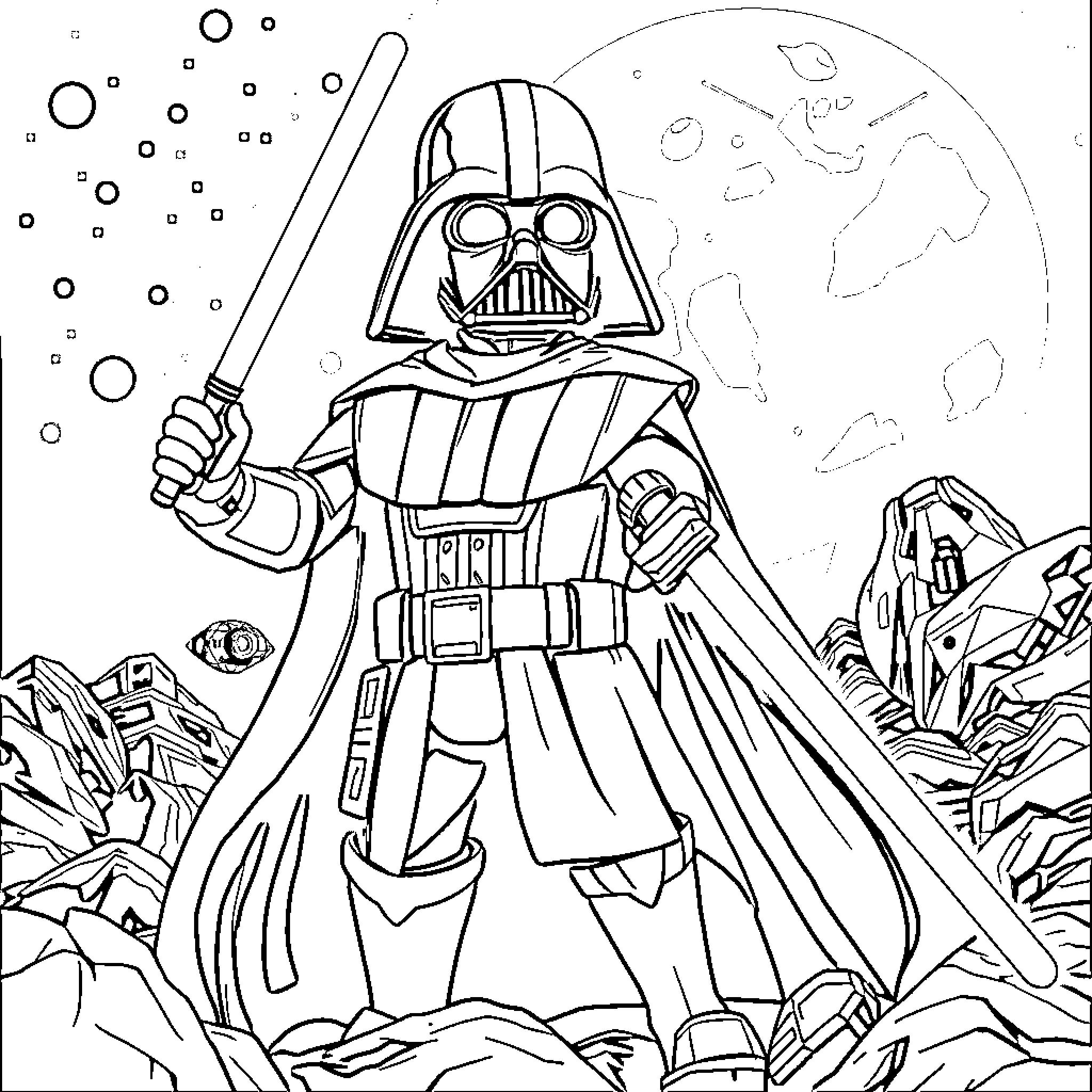 Star Wars Villain in Iconic Pose on Barren Planet Coloring Page (free black-and-white line drawing printable PDF for all, from beginners to advanced learners, including children, teens, adults, and seniors)