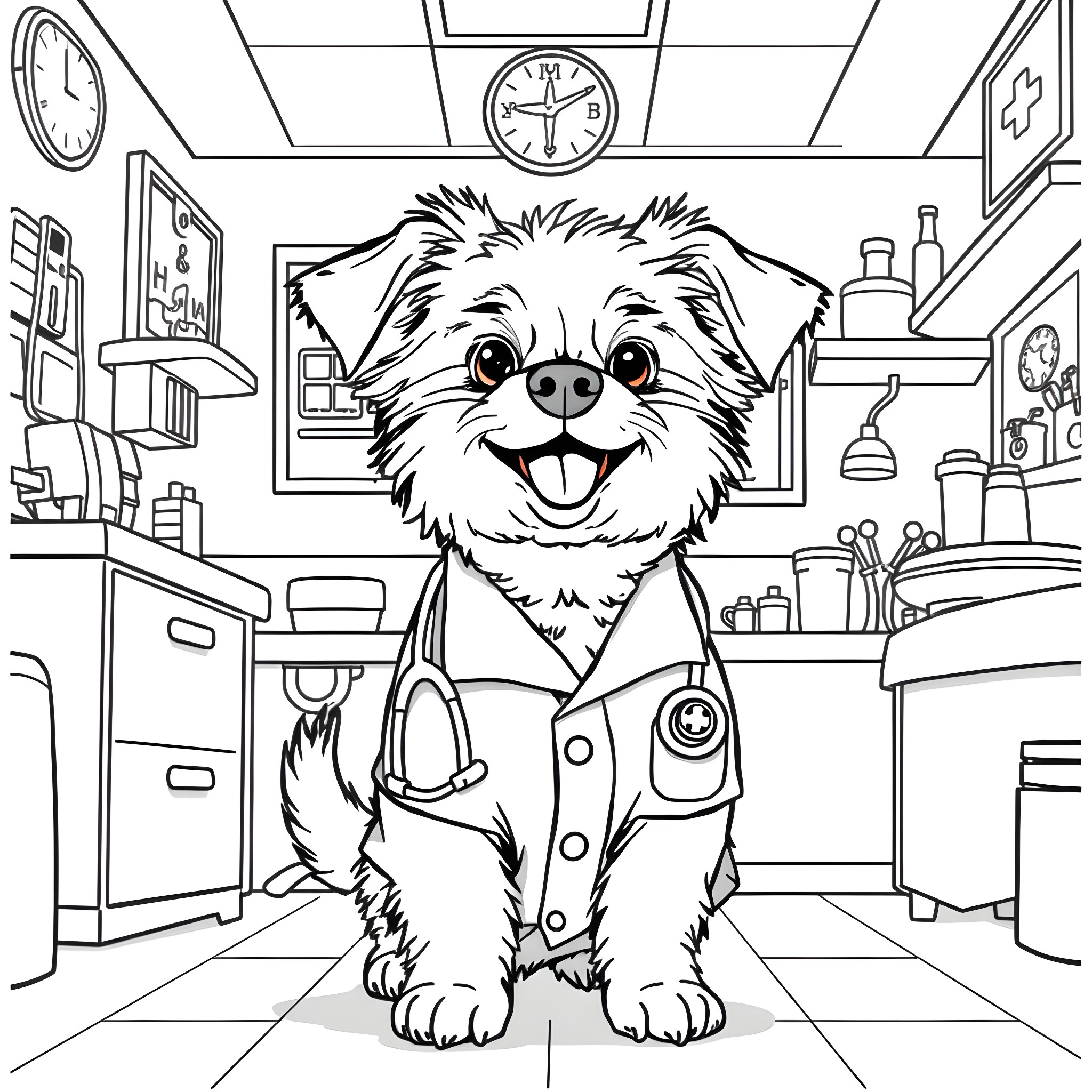 Dog dressed as a doctor in a medical office Coloring Page (free black-and-white line drawing printable PDF for all, from beginners to advanced learners, including children, teens, adults, and seniors)