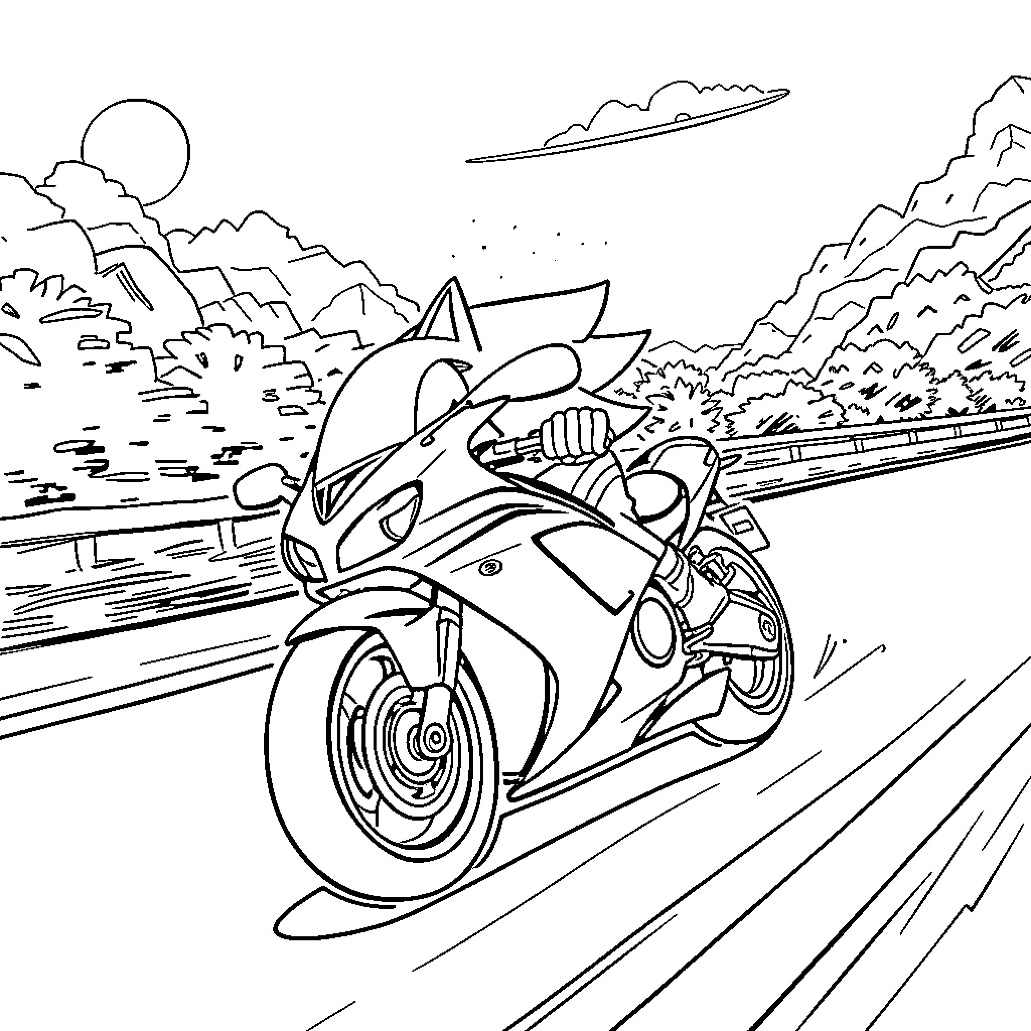 Sonic Racing on a Winding Road Coloring Page (free black-and-white line drawing printable PDF for all, from beginners to advanced learners, including children, teens, adults, and seniors)