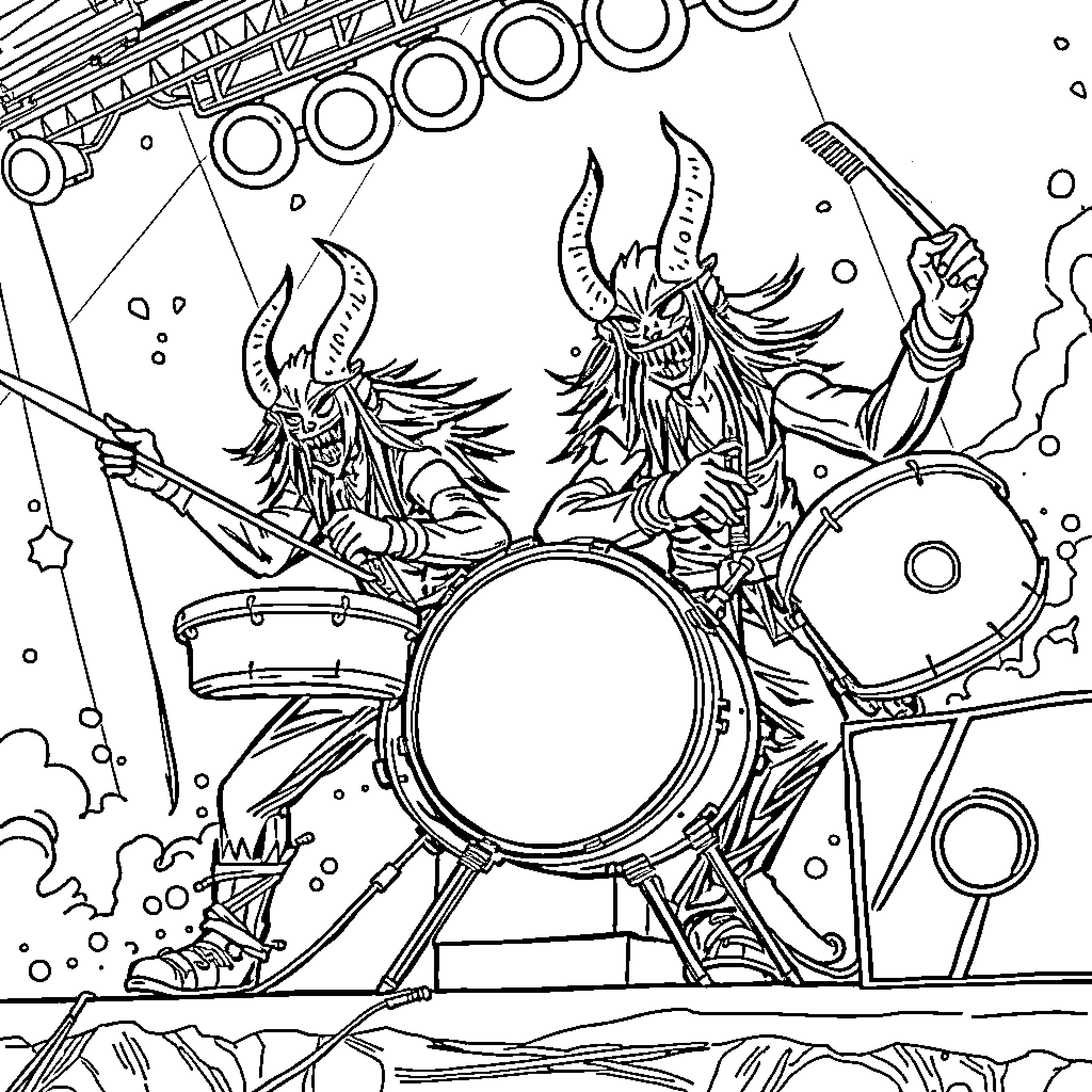 K-POP Demon Hunters Rocking Out on Stage Coloring Page (free black-and-white line drawing printable PDF for all, from beginners to advanced learners, including children, teens, adults, and seniors)