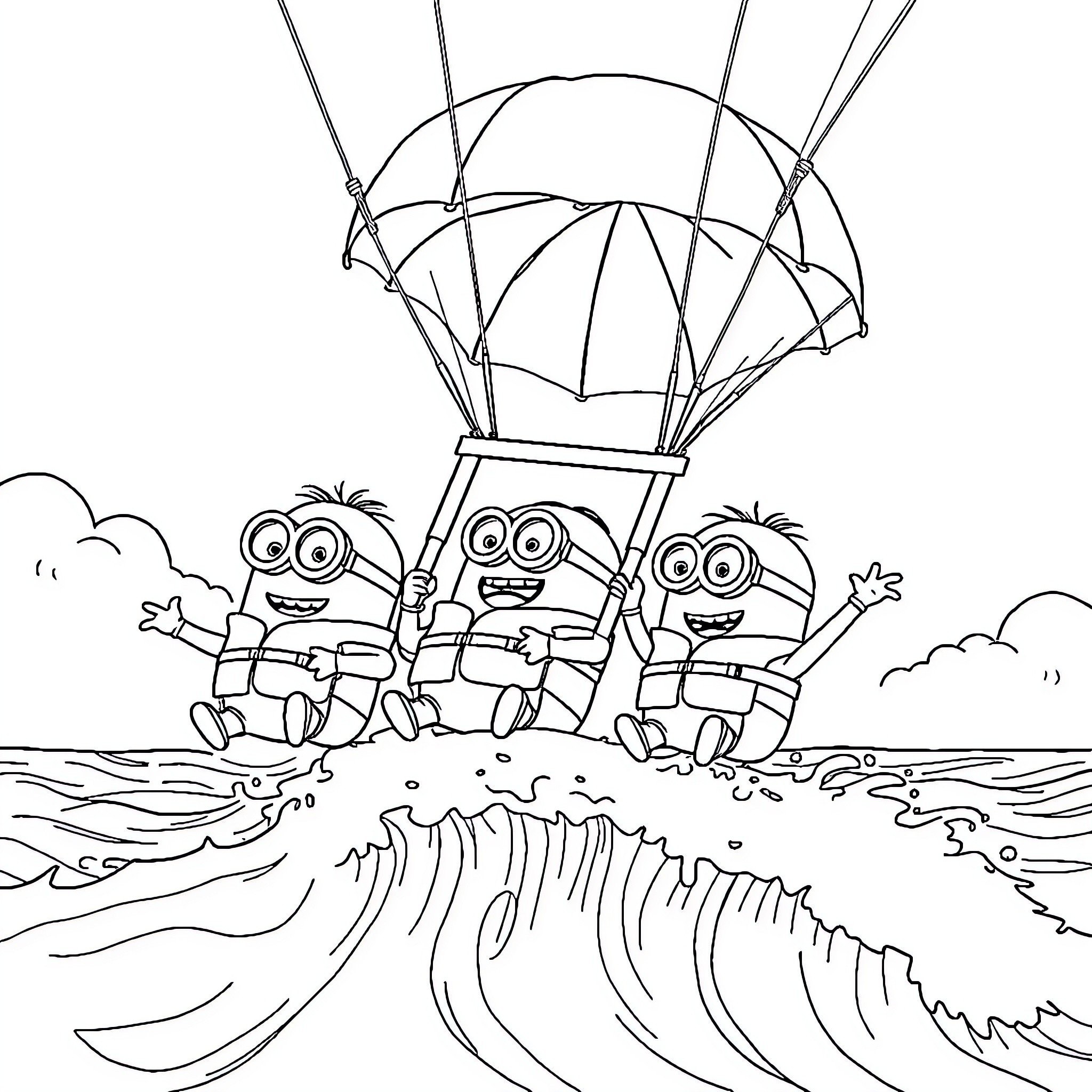 Minions skydiving over ocean waves Coloring Page (free black-and-white line drawing printable PDF for all, from beginners to advanced learners, including children, teens, adults, and seniors)