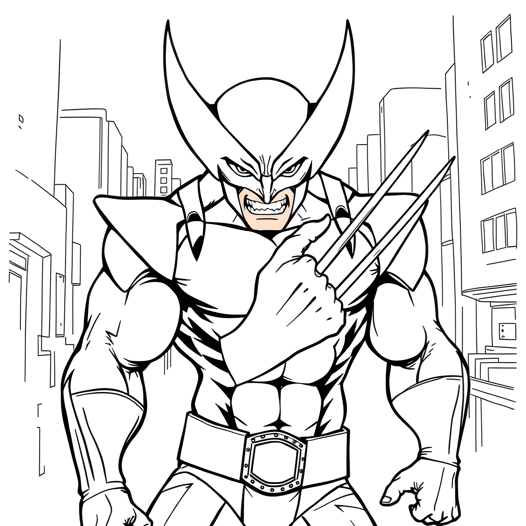 Wolverine unleashing his claws in the city Coloring Page (free black-and-white line drawing printable PDF for all, from beginners to advanced learners, including children, teens, adults, and seniors)