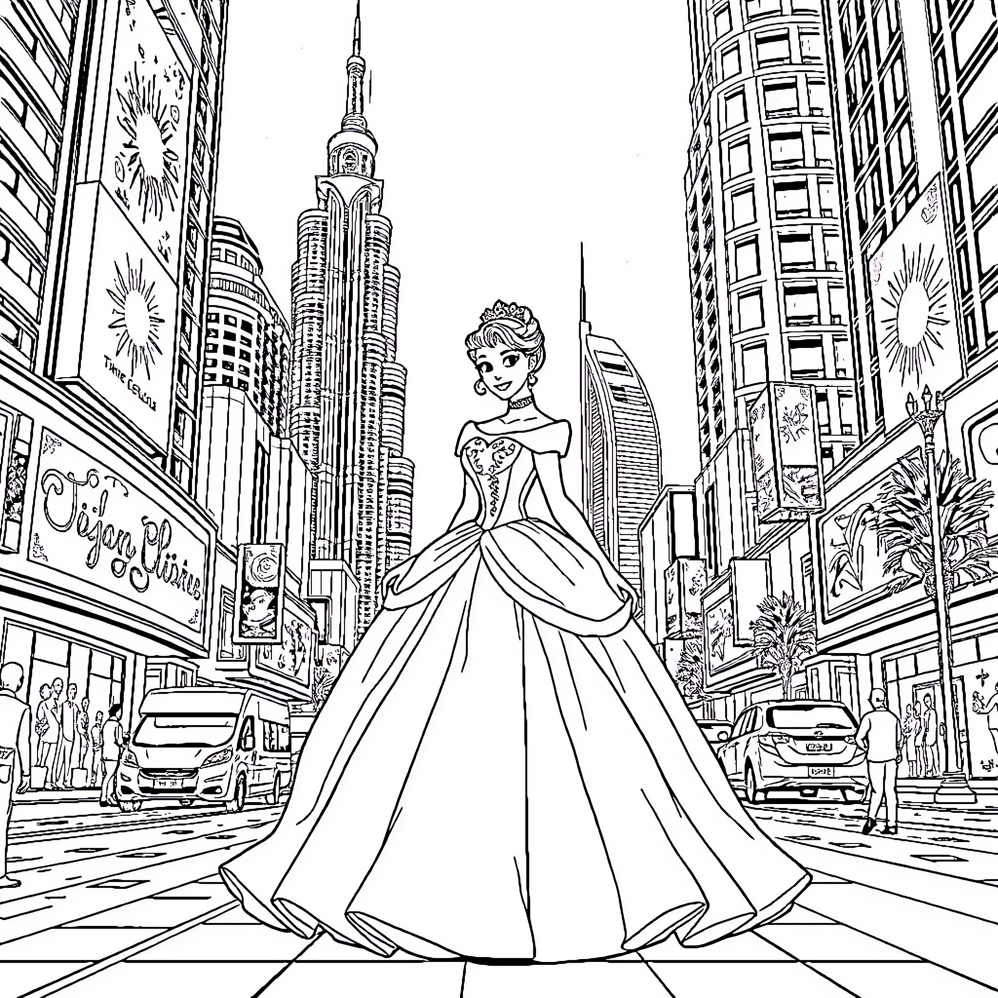 Cinderella's Enchanting Adventure in the City Coloring Page (free black-and-white line drawing printable PDF for all, from beginners to advanced learners, including children, teens, adults, and seniors)